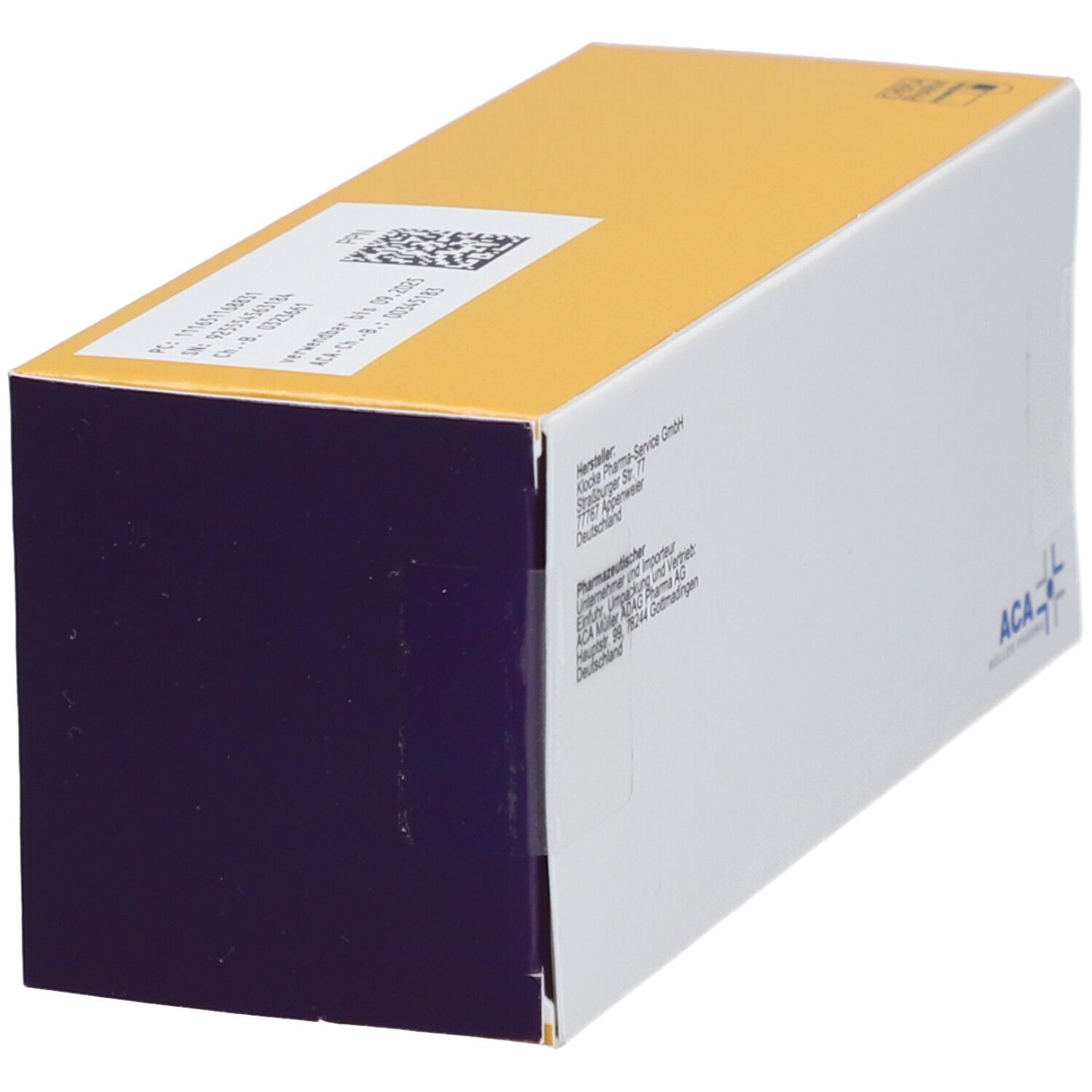 Schräg gestellte gelb-weiße Schachtel. Aufdruck: ACA Müller Pharma Service, Anschrift, QR-Code.
