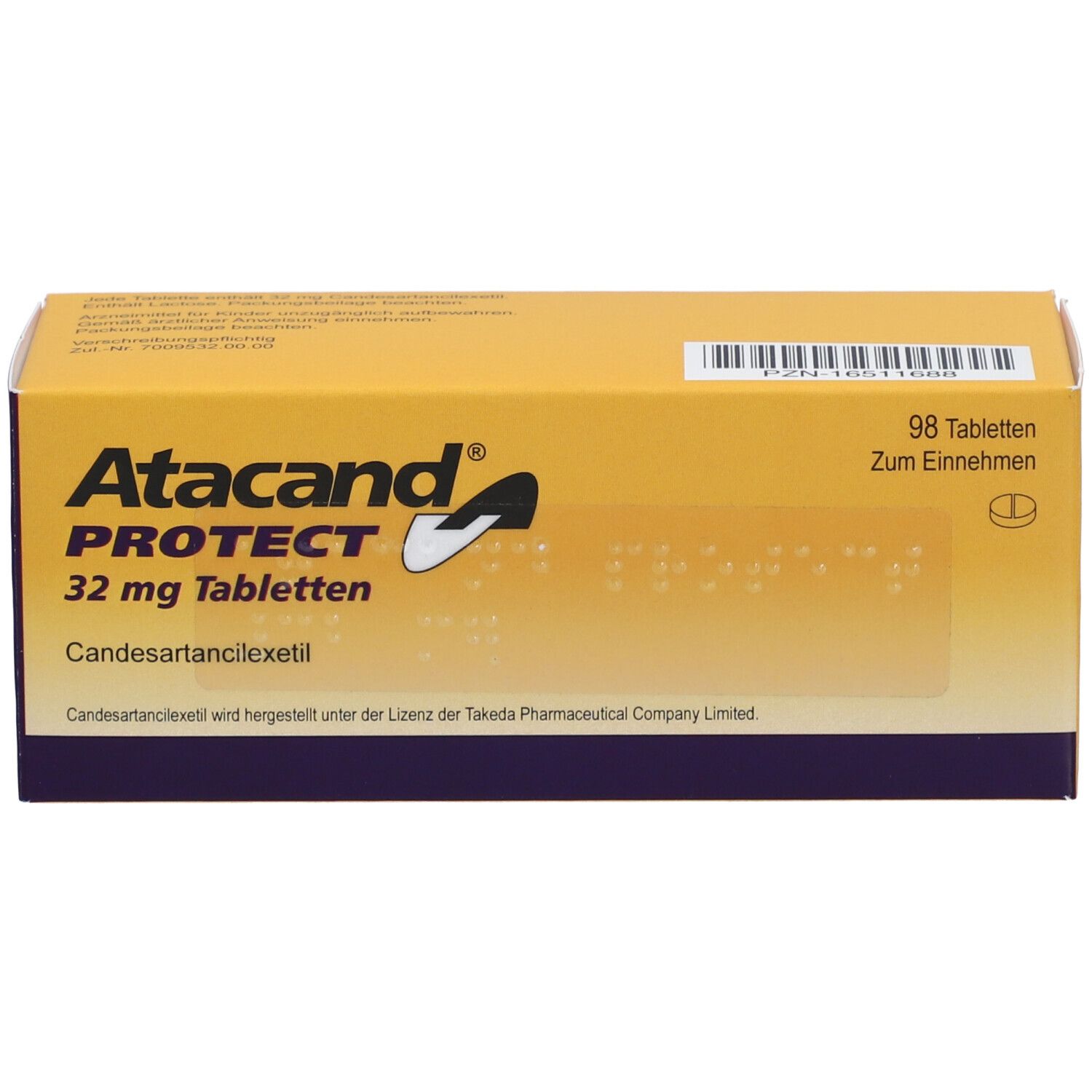 Gelb-violette Schachtel mit "Atacand PROTECT 32 mg Tabletten"-Aufdruck. Enthält 98 Tabletten.