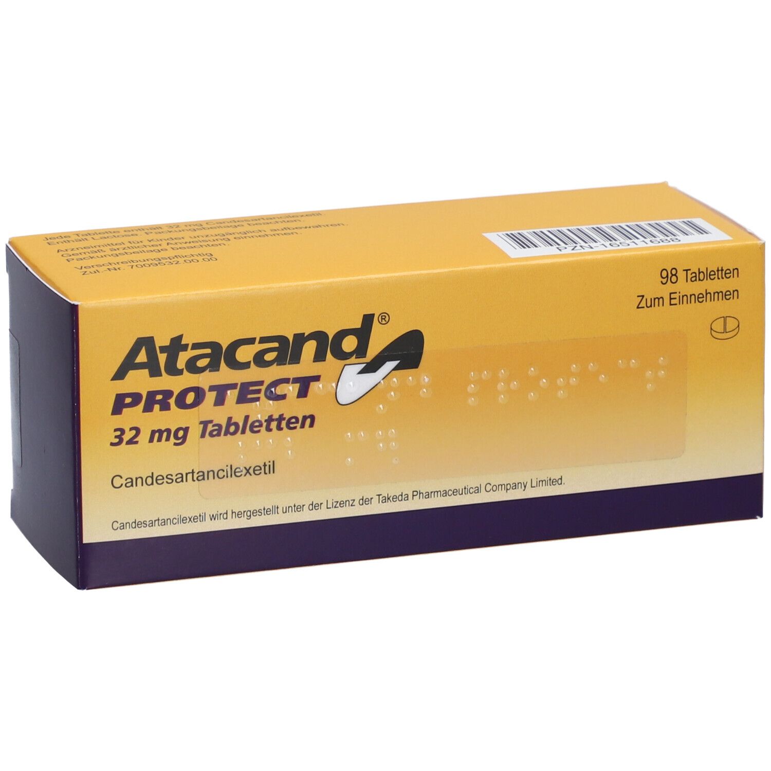Gelb-violette Schachtel mit "Atacand PROTECT 32 mg Tabletten"-Aufdruck. Enthält 98 Tabletten.