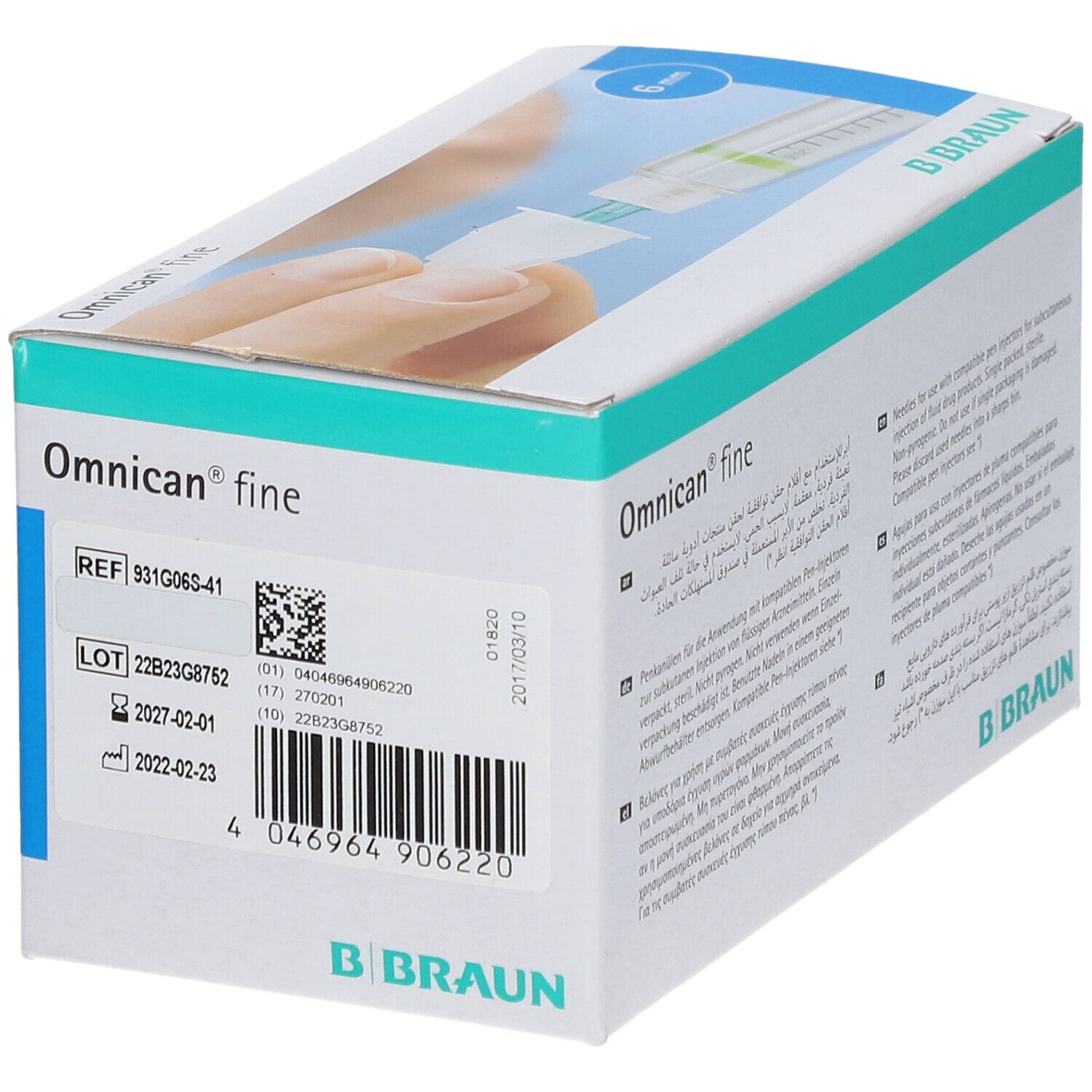 Karton Omnican fine Pen Kanüle. B. Braun Logo. REF, LOT, Verfallsdatum und Barcode. 0,25 mm x 6 mm.