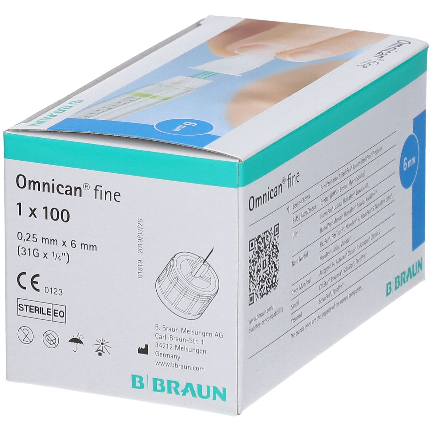 Karton Omnican fine Pen Kanüle. B. Braun Logo. 1 x 100, 0,25 mm x 6 mm. CE-Kennzeichnung. Steril.