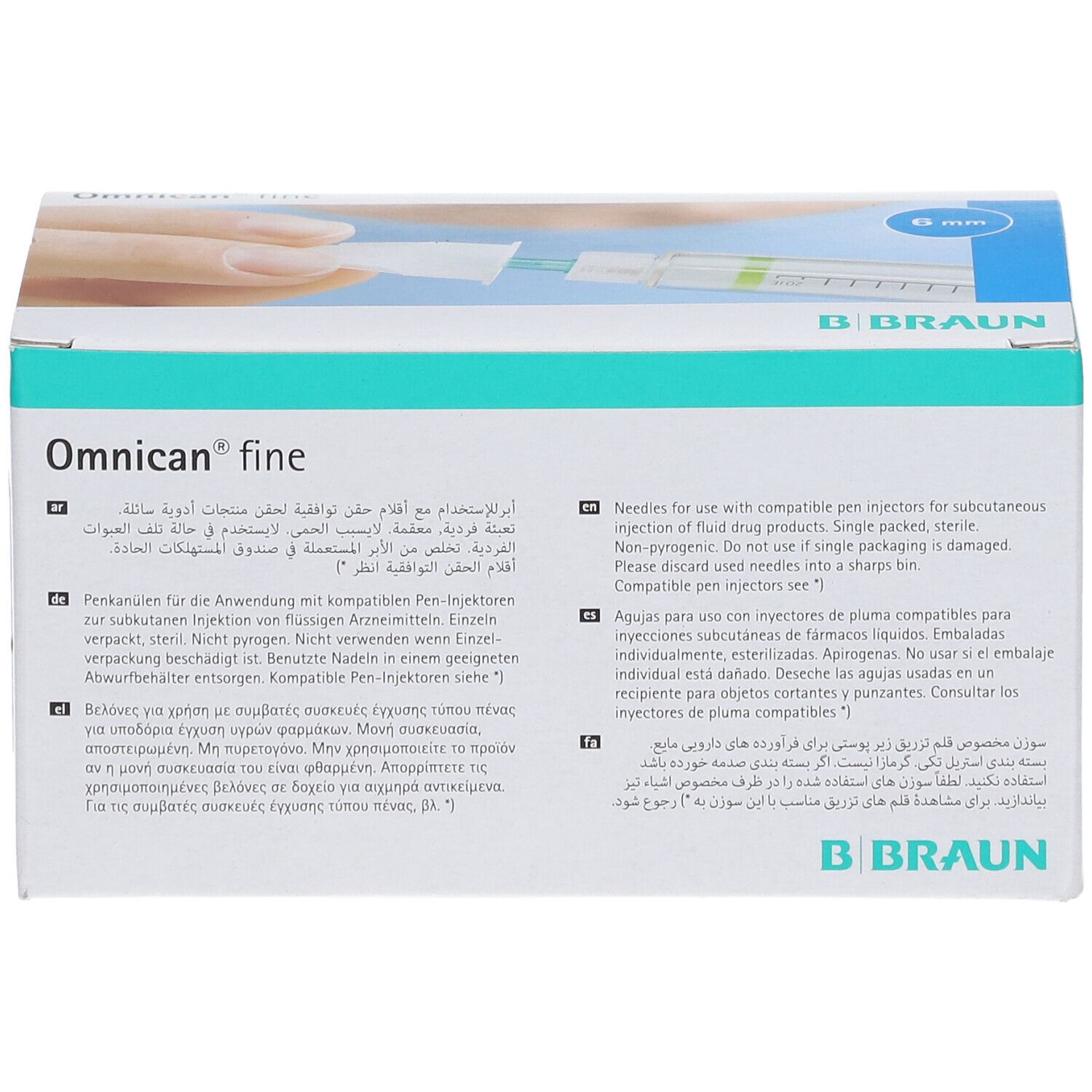 Karton Omnican fine Pen Kanüle. B. Braun Logo. Text in mehreren Sprachen. 6 mm.