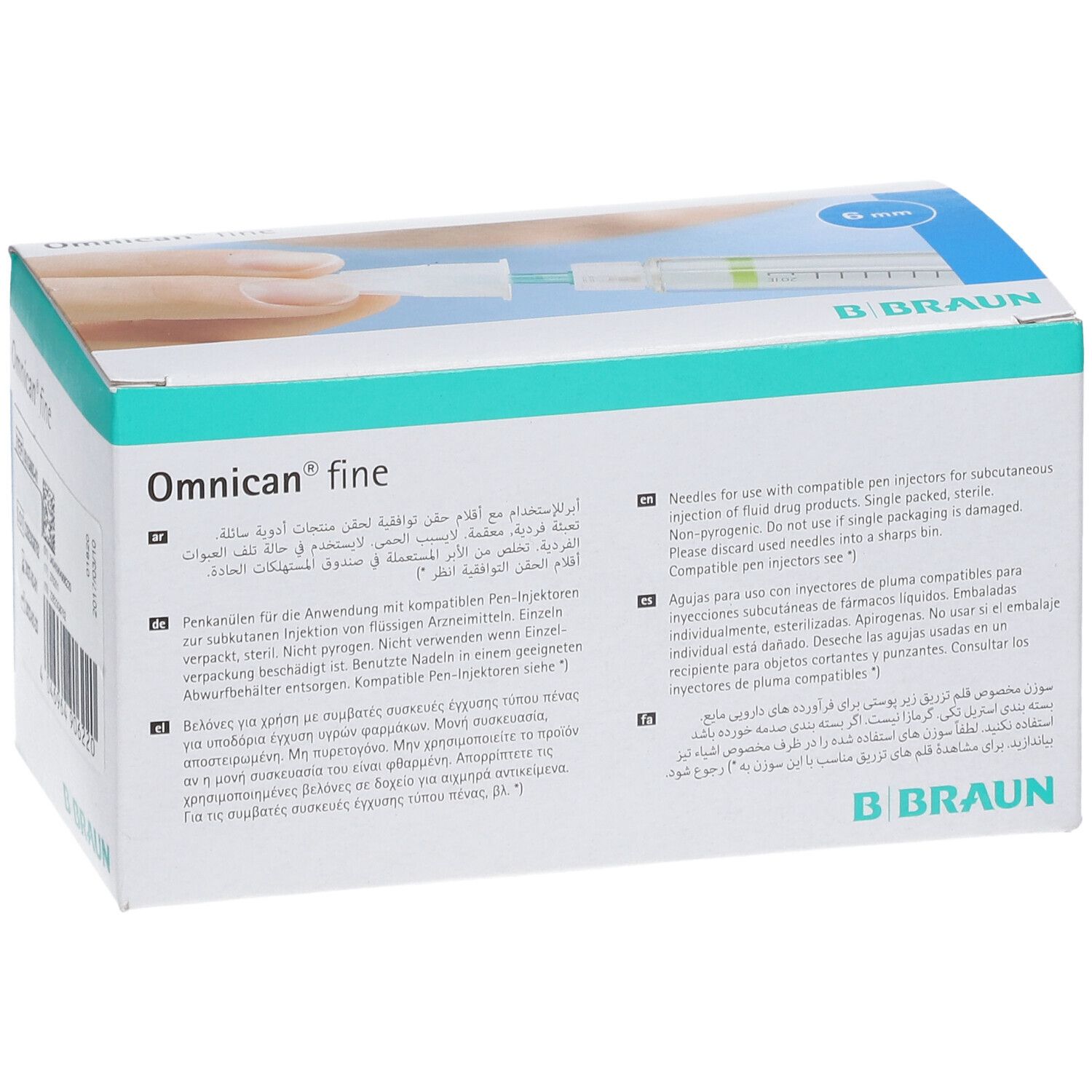 Karton Omnican fine Pen Kanüle. B. Braun Logo. Text in mehreren Sprachen. 6 mm.