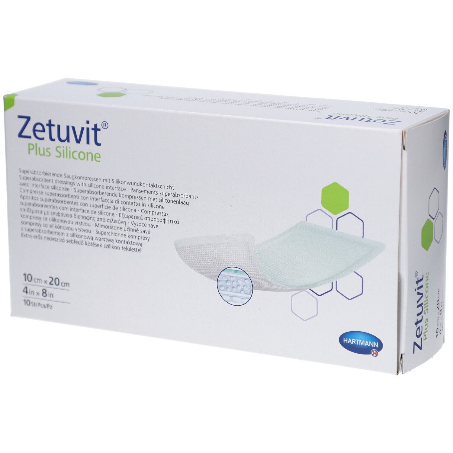 Verpackung Zetuvit Plus Silicone Kompressen, 10 x 20 cm, 10 Stück.