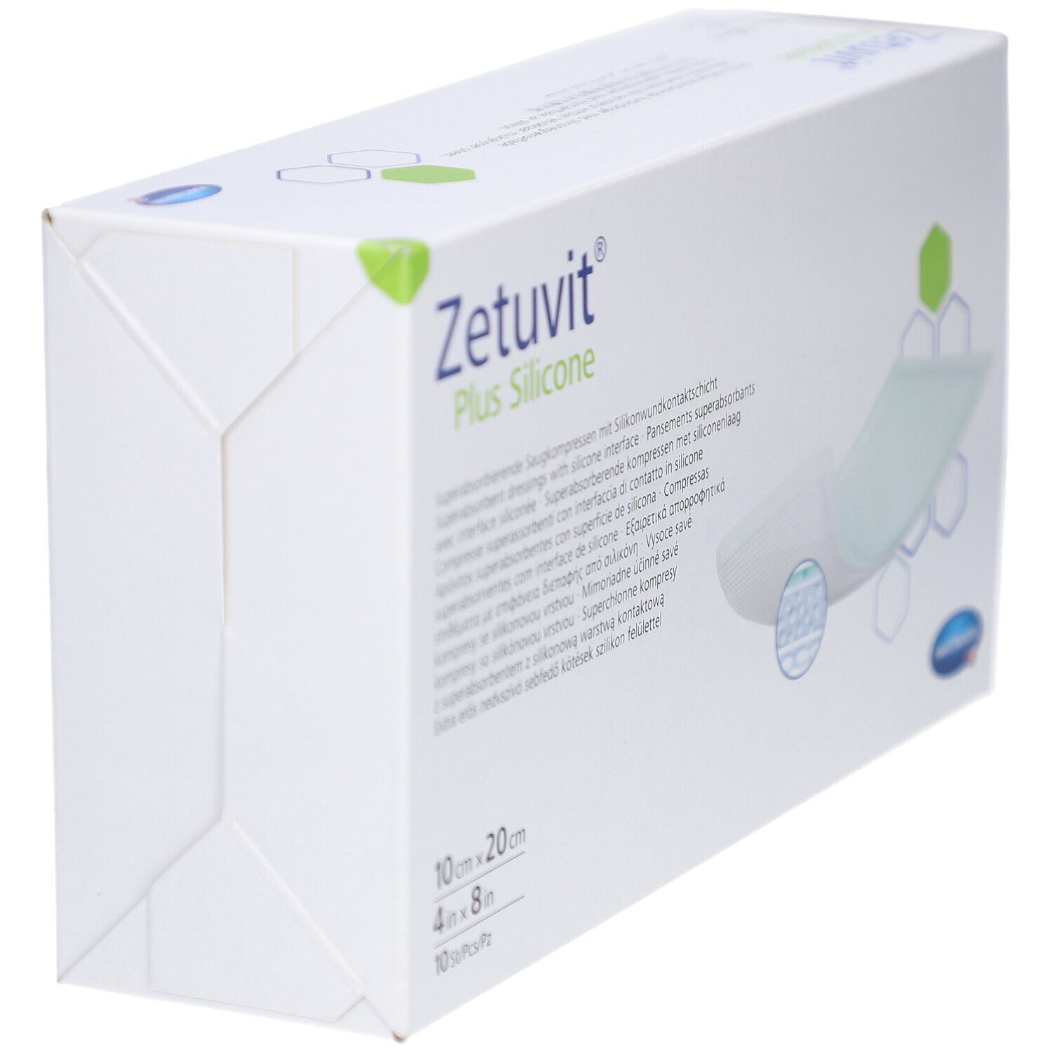 Seitenansicht der Verpackung Zetuvit Plus Silicone Kompressen, 10 x 20 cm.