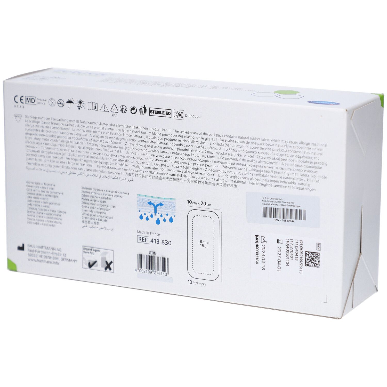 Rückseite der Verpackung Zetuvit Plus Silicone Kompressen mit Produktinformationen.