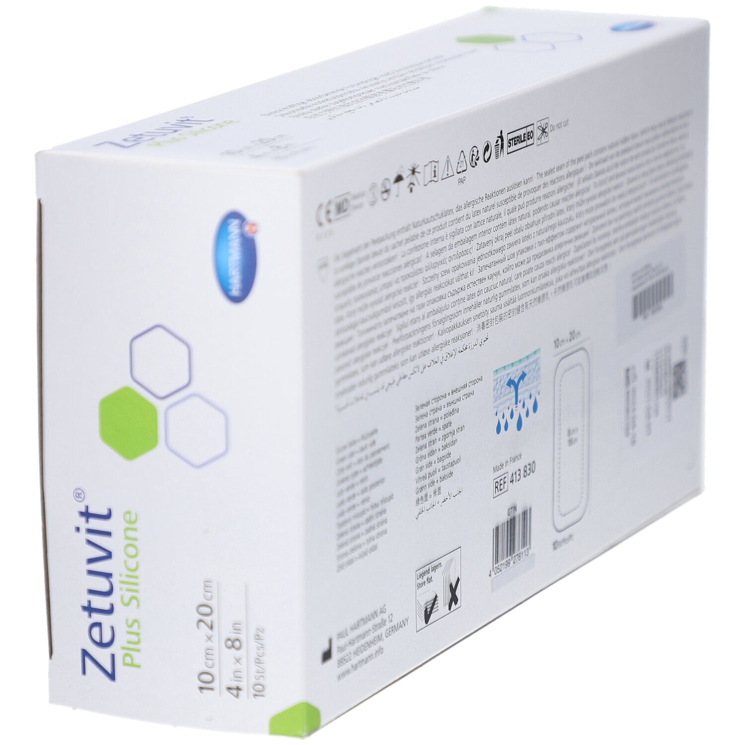 Verpackung Zetuvit Plus Silicone Kompressen, 10 x 20 cm, mit Hartmann Logo.
