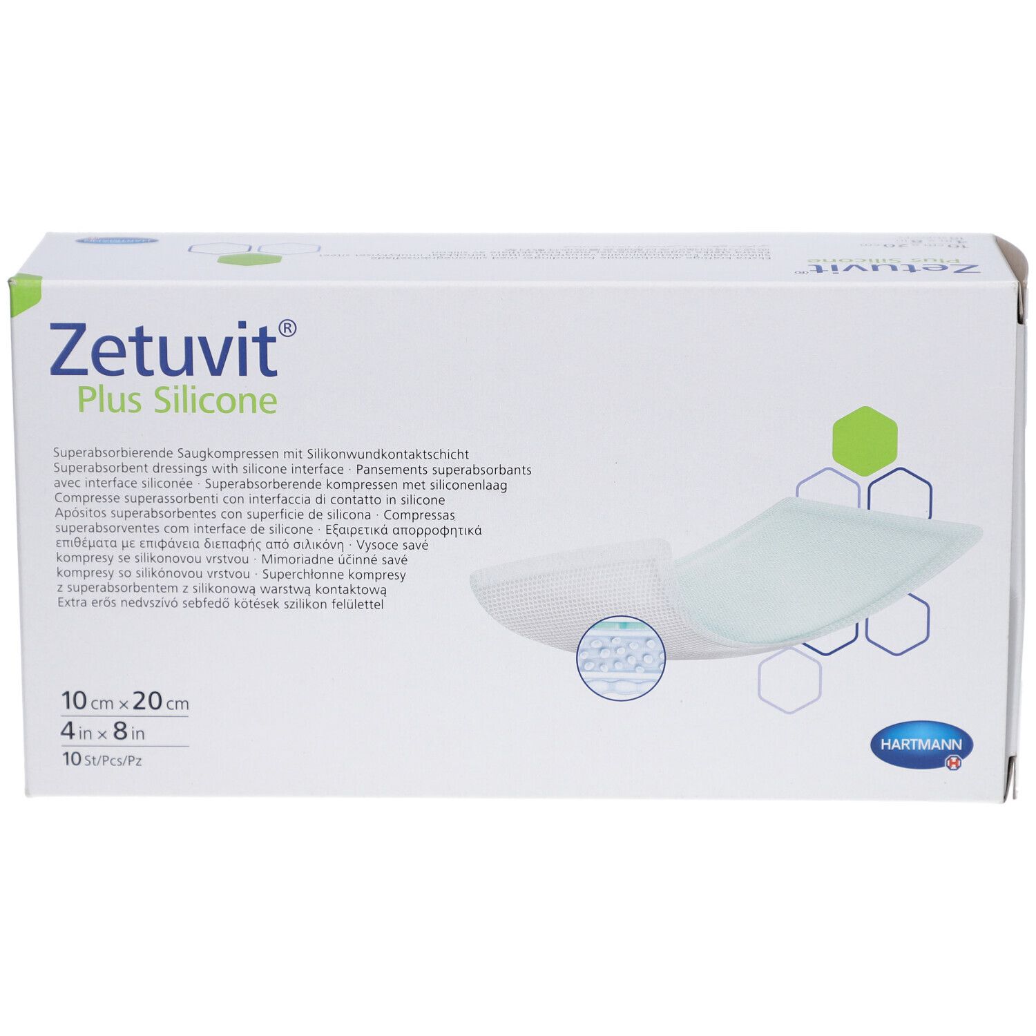 Verpackung Zetuvit Plus Silicone Kompressen, 10 x 20 cm, 10 Stück.