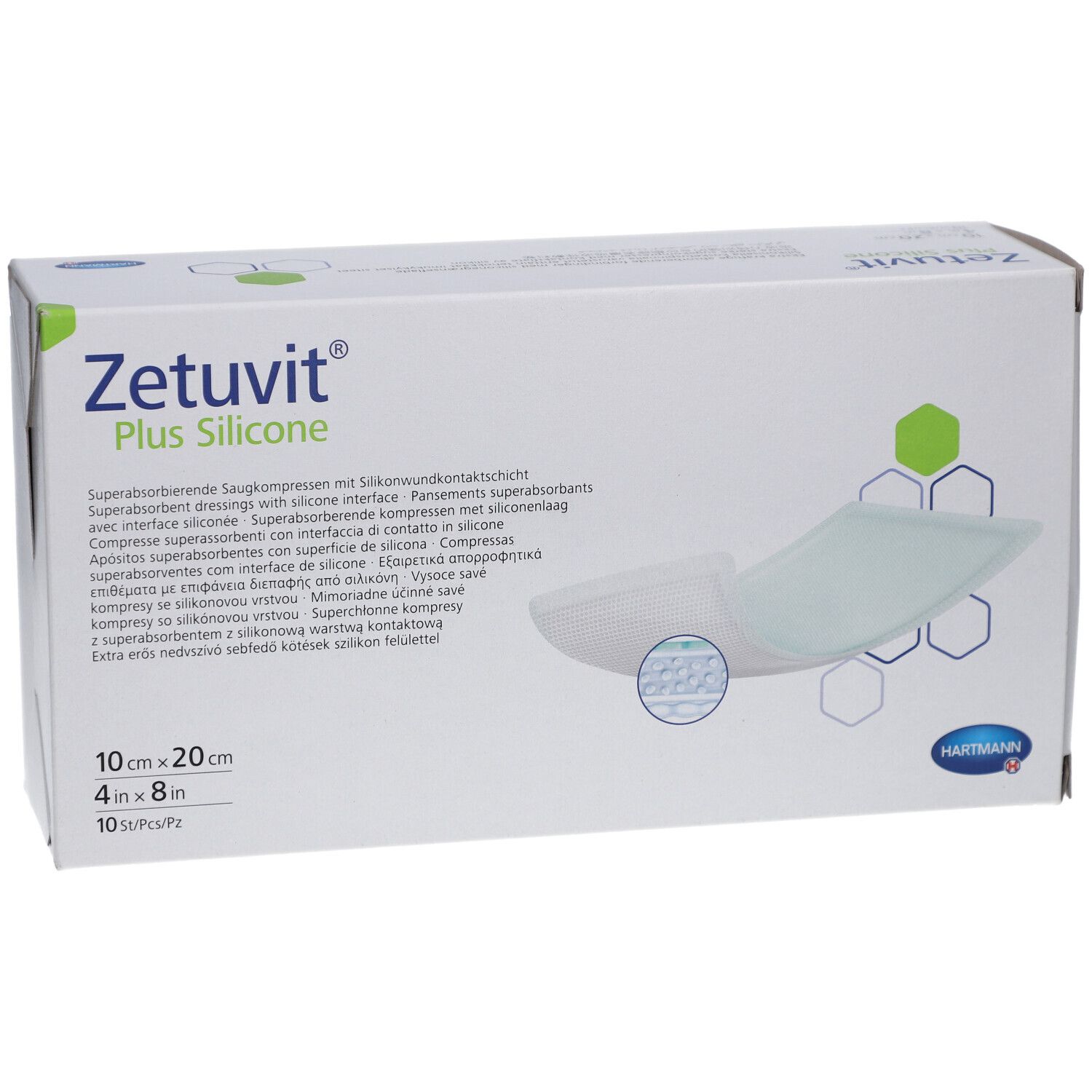 Verpackung Zetuvit Plus Silicone Kompressen, 10 x 20 cm, 10 Stück.