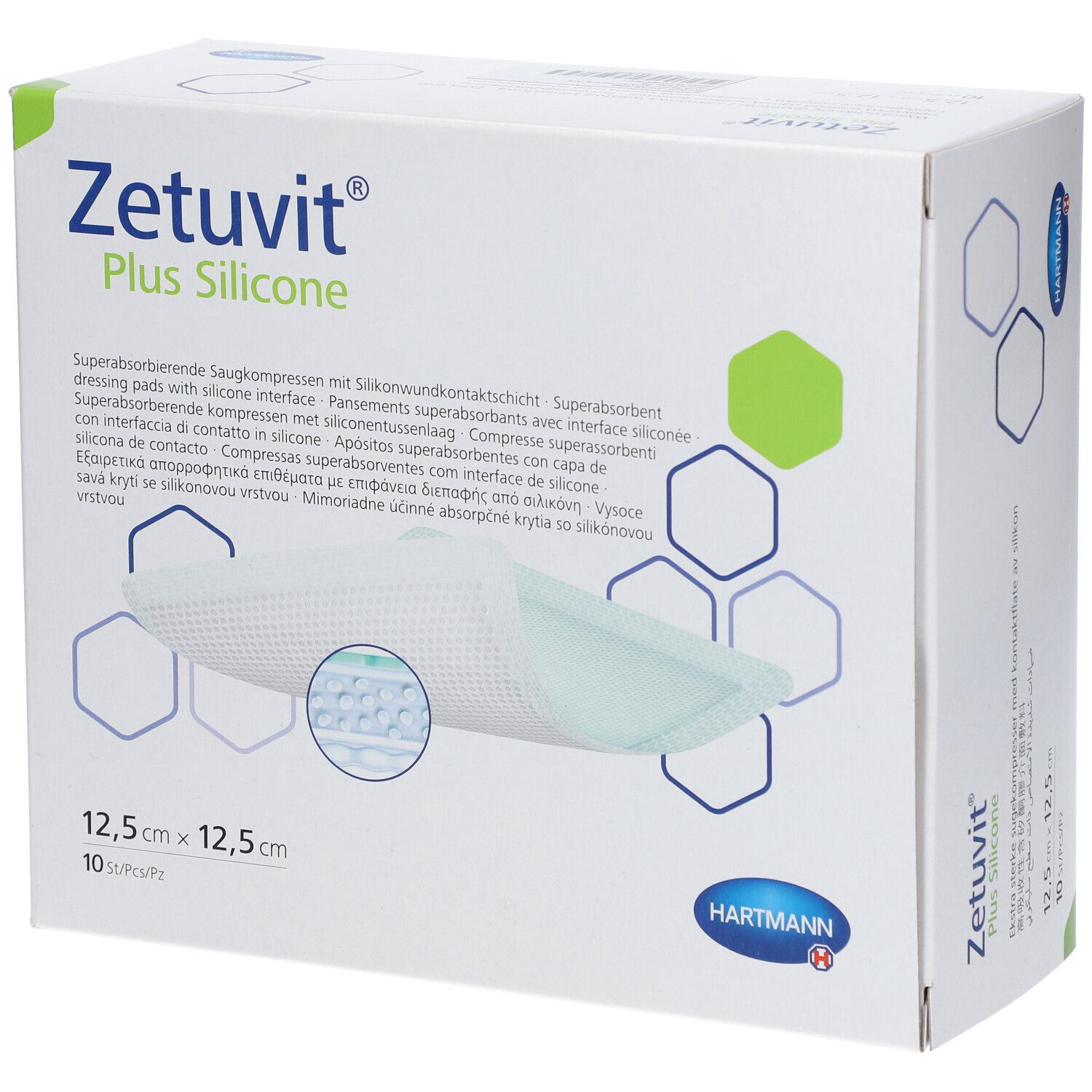 Verpackung Zetuvit® Plus Silicone, 12,5 x 12,5 cm, 10 Stück.