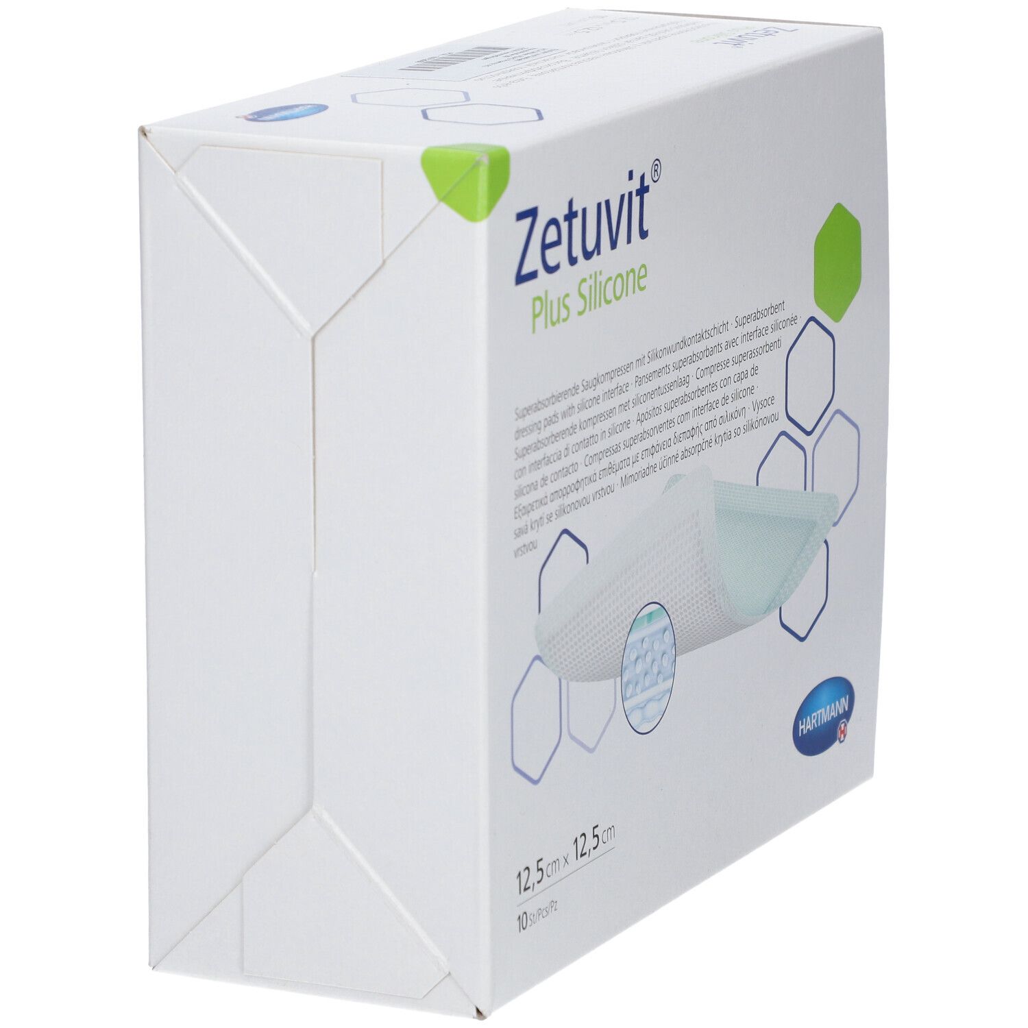 Seitenansicht der Verpackung Zetuvit® Plus Silicone, 12,5 x 12,5 cm.