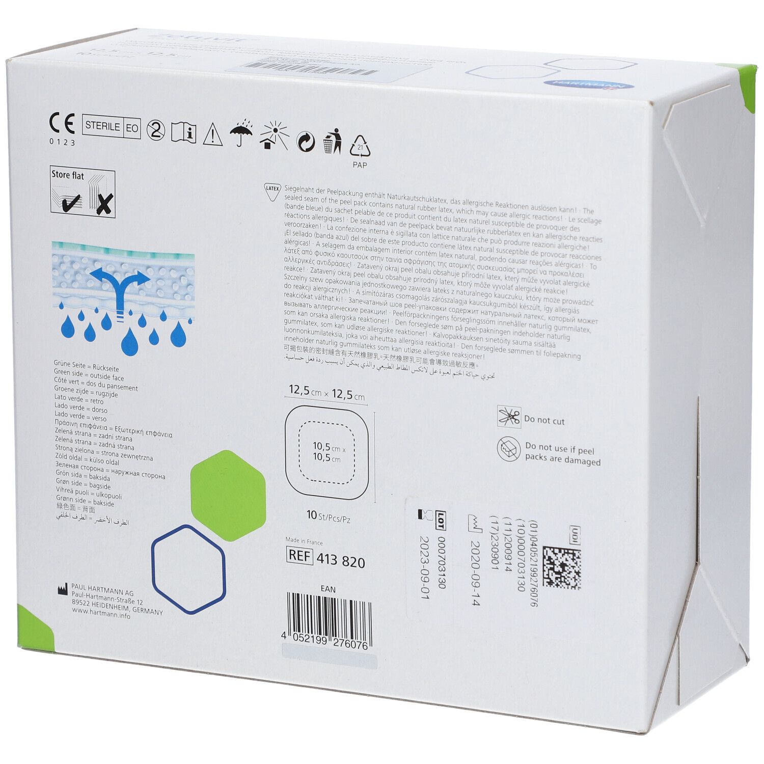 Rückseite der Verpackung Zetuvit® Plus Silicone mit Anwendungshinweisen und Produktinformationen.