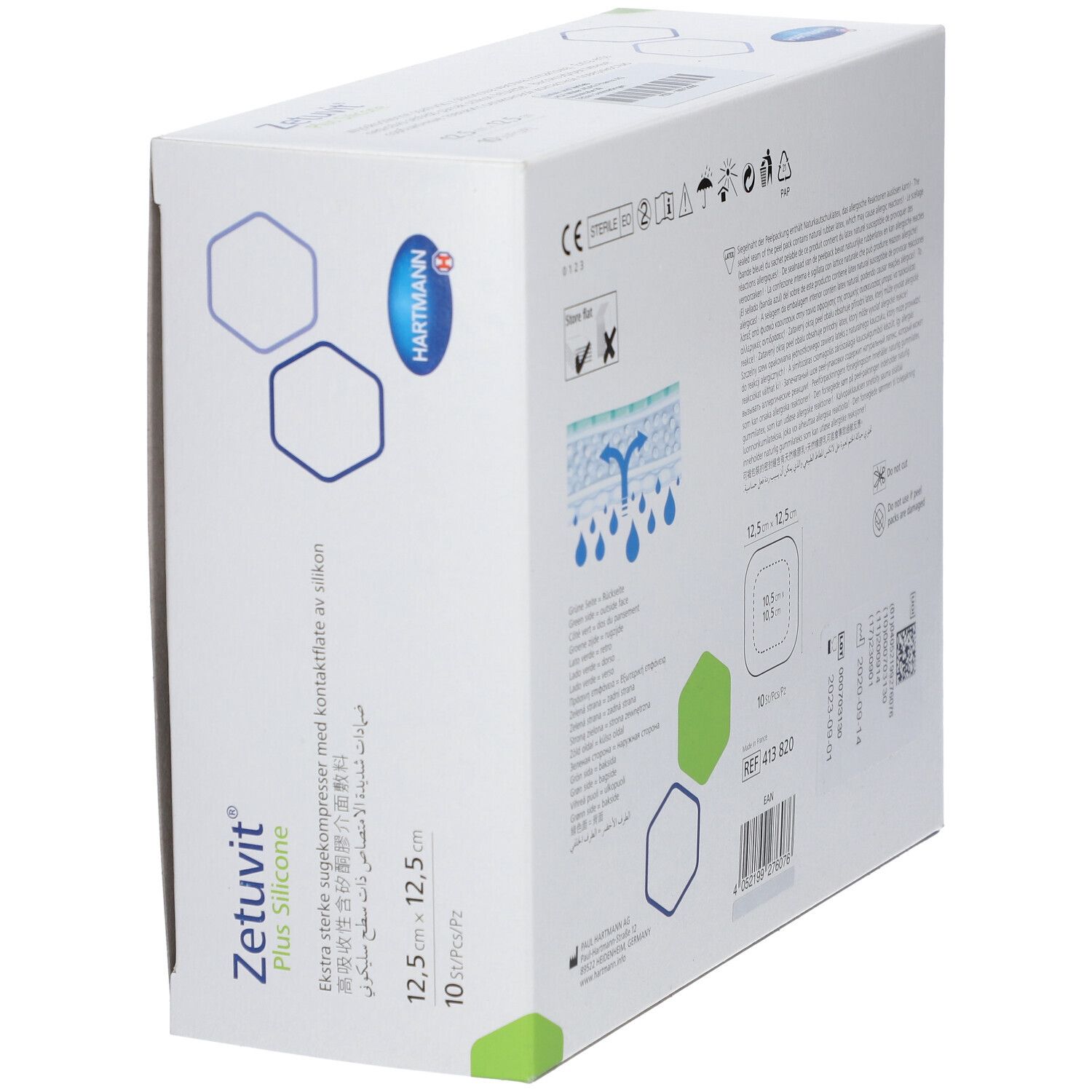 Seitenansicht der Verpackung Zetuvit® Plus Silicone, 12,5 x 12,5 cm, mit Produktabbildung.