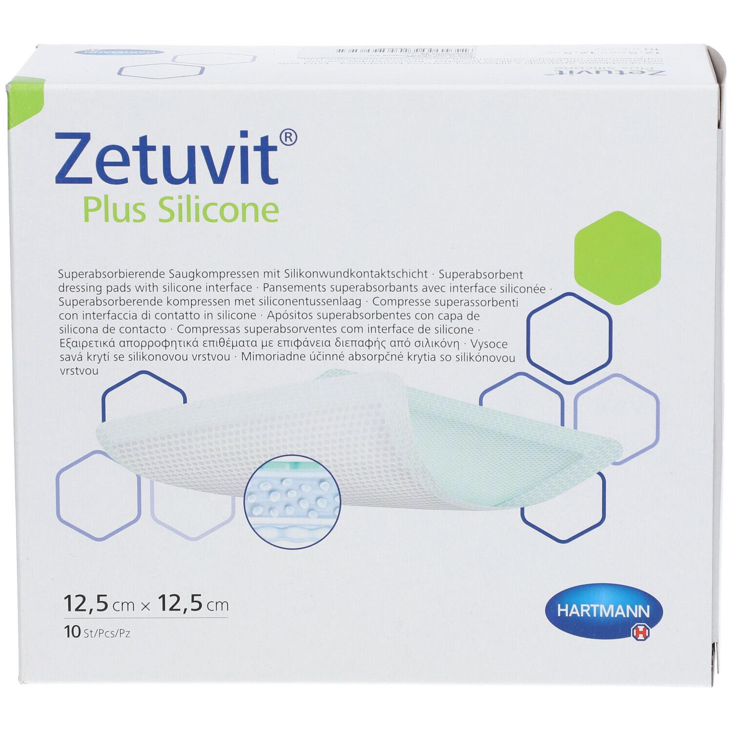 Verpackung Zetuvit® Plus Silicone, 12,5 x 12,5 cm, 10 Stück, mit Detailansicht der Kompresse.