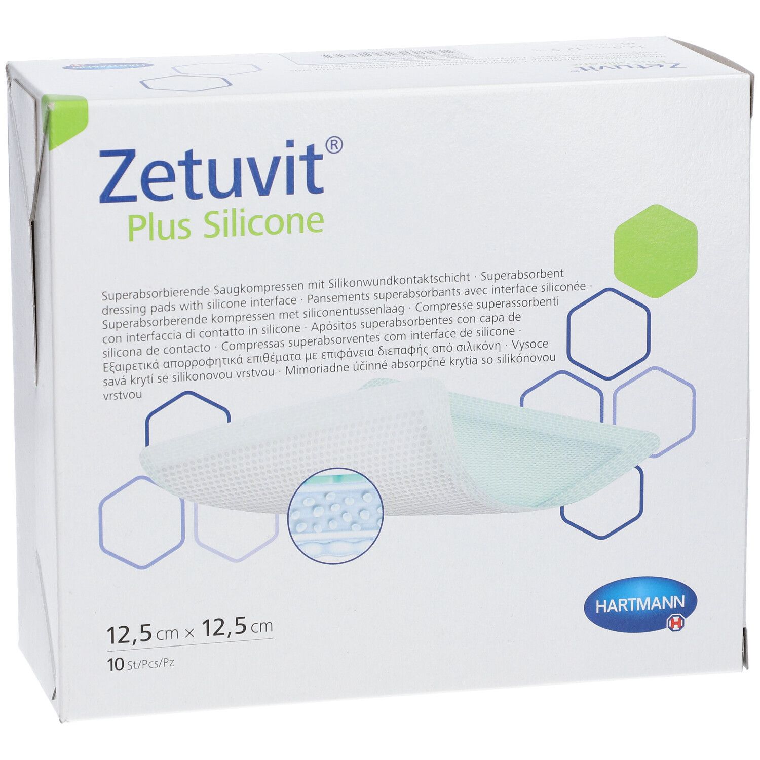 Vorderseite der Verpackung Zetuvit® Plus Silicone, 12,5 x 12,5 cm, 10 Stück.