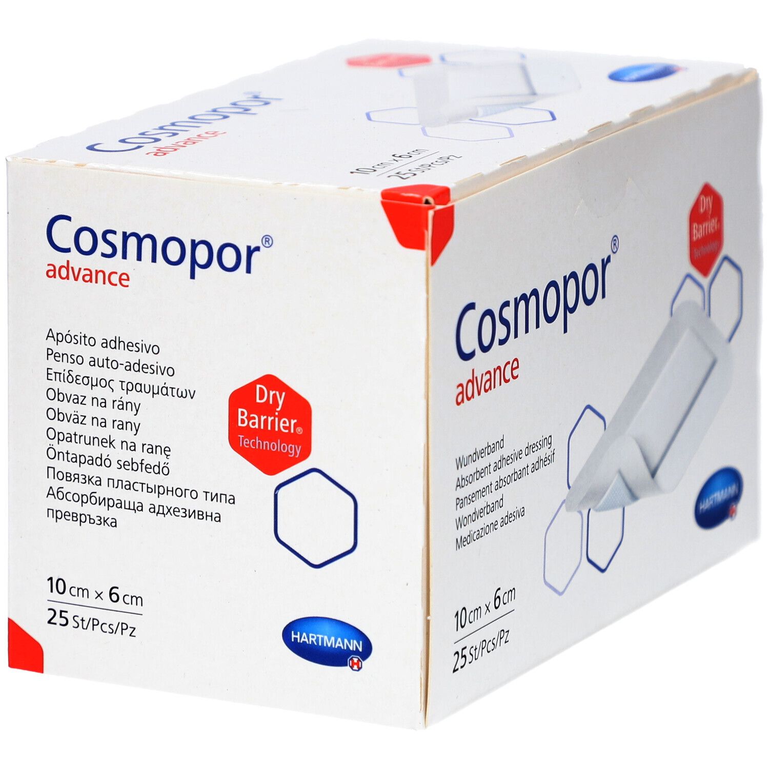 Cosmopor Advance Wundverband 10 cm x 6 cm, 25 Stück. Mehrsprachige Produktbeschreibung.