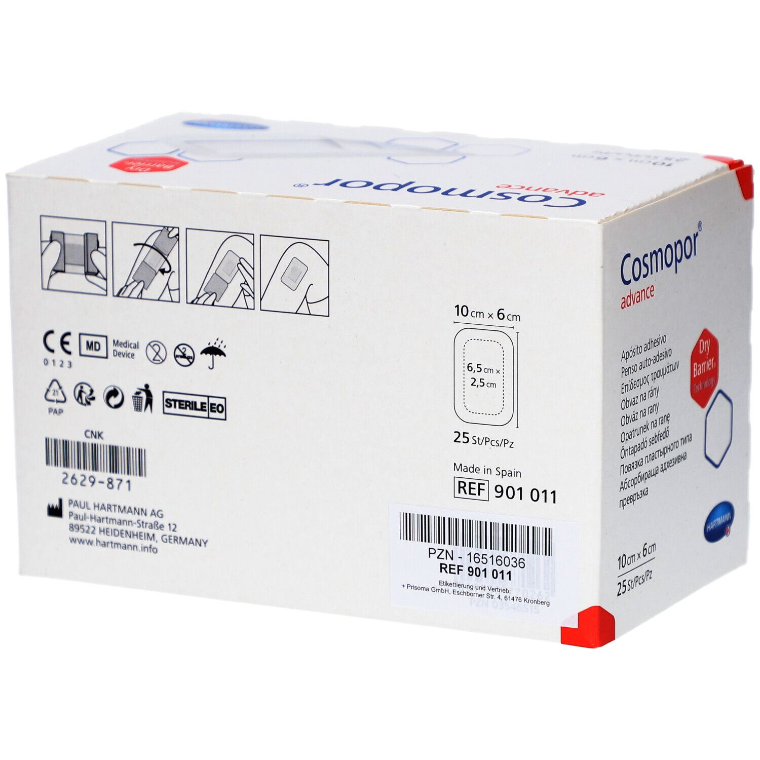 Rückseite Cosmopor Advance Wundverband: CE-Zeichen, MD-Symbol, Gebrauchsanleitung, Made in Spain.