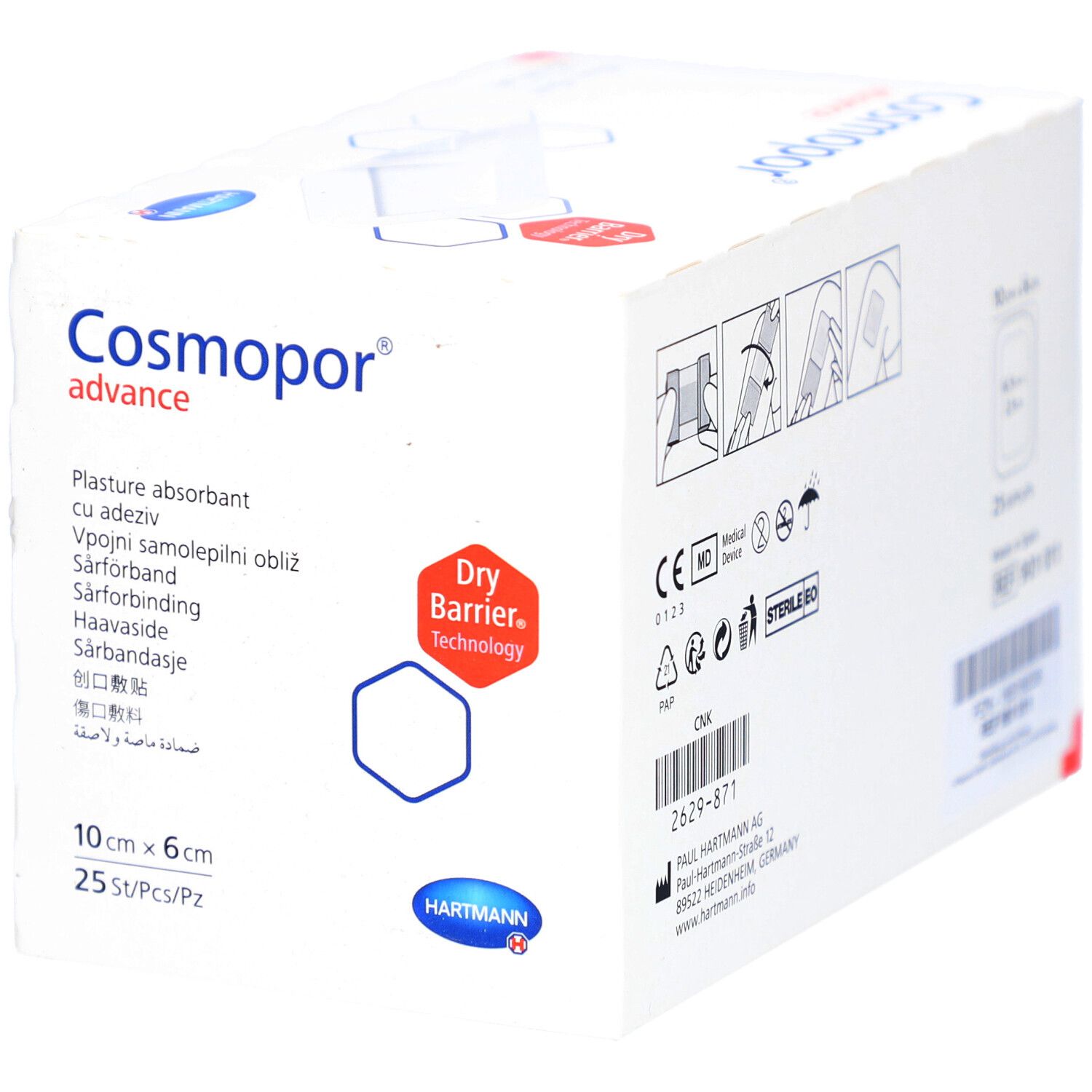 Cosmopor Advance Wundverband 10 cm x 6 cm, 25 Stück. CE-Zeichen, MD-Symbol, Sterilitätssymbol.