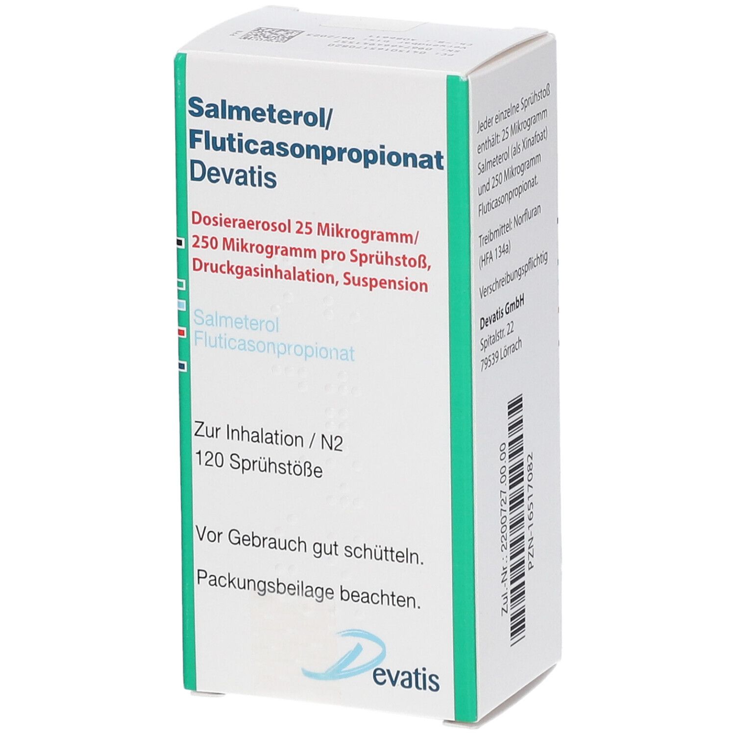 Weißer Karton mit grünen Akzenten. Beschriftung: Salmeterol/Fluticasonpropionat Devatis. Dosieraerosol 25 Mikrogramm/250 Mikrogramm. 120 Sprühstöße.
