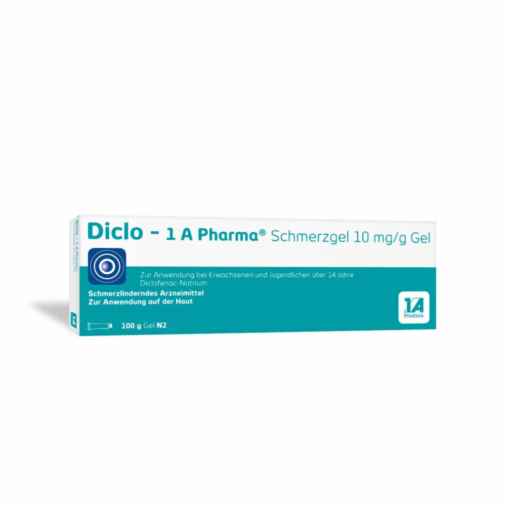 Schachtel mit Produktaufdruck. Text: Diclo-1 A Pharma Schmerzgel 10 mg/g Gel. Logo. 100 g N2.