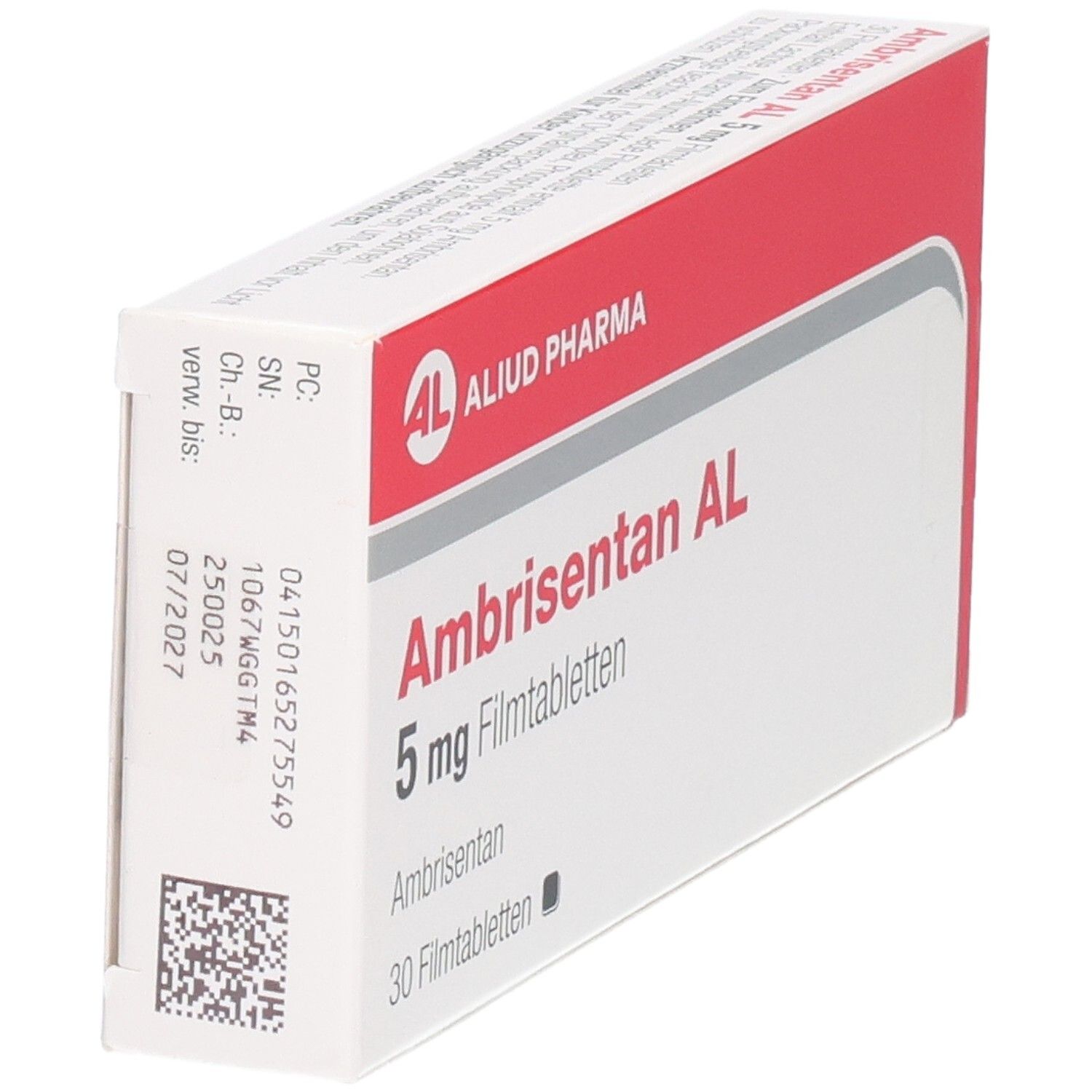 Ambrisentan AL 5 mg Filmtabletten Verpackung mit Chargennummer und Verfallsdatum.