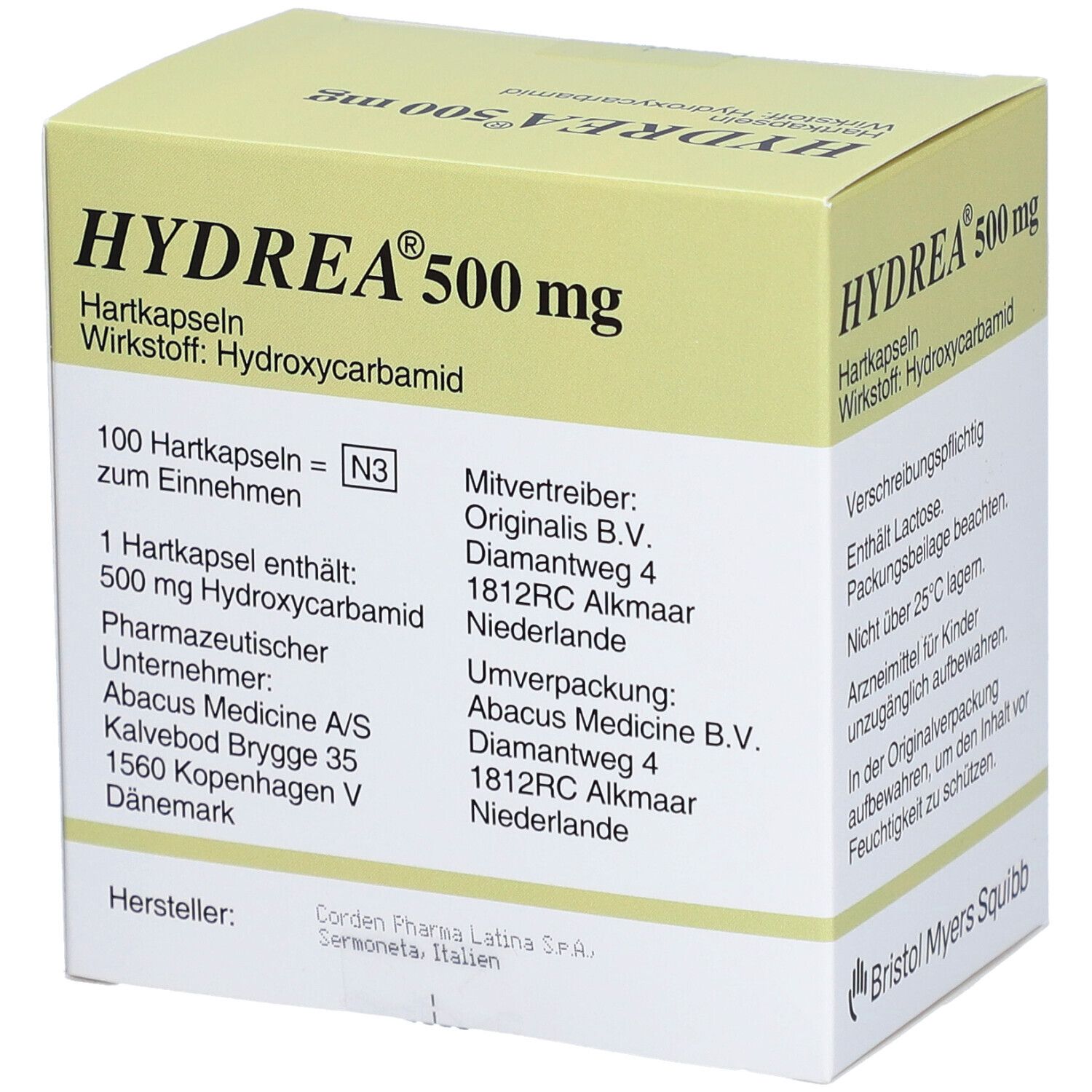 HYDREA 500 mg Hartkapseln-Packung. Enthält 100 Kapseln. Herstellerinformationen. Hersteller: Corden Pharma Latina S.P.A.  Bristol Myers Squibb.