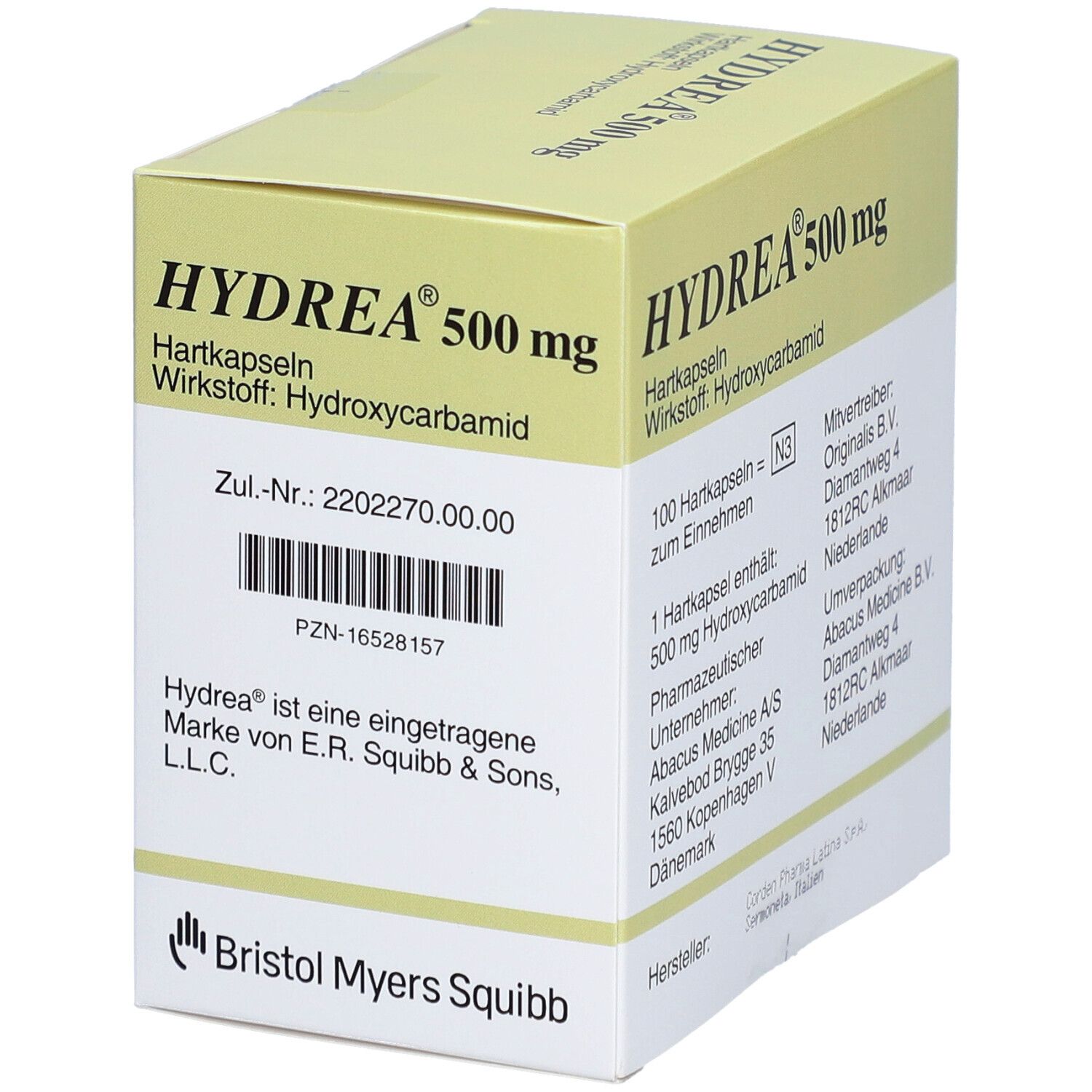 HYDREA 500 mg Hartkapseln-Packung. Enthält 100 Kapseln. PZN-16528157. Hersteller: Bristol Myers Squibb.