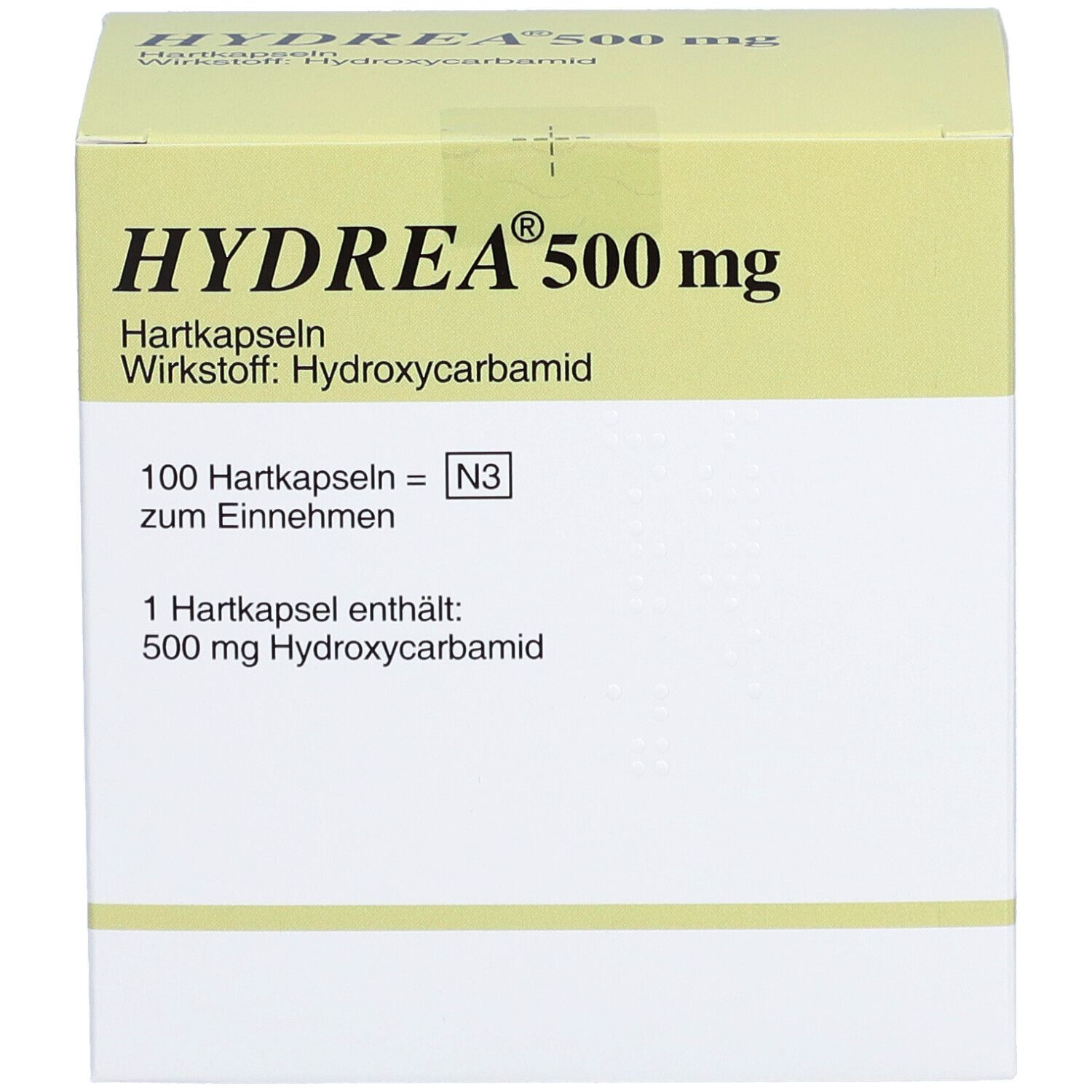 HYDREA 500 mg Hartkapseln-Packung. Enthält 100 Kapseln. Wirkstoff: Hydroxycarbamide. Hersteller: Bristol Myers Squibb.