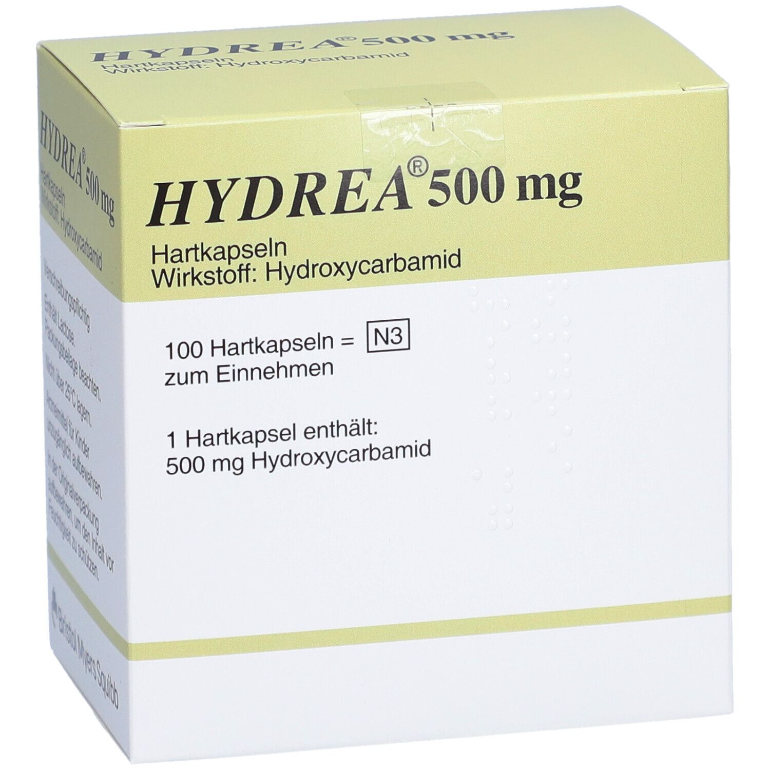HYDREA 500 mg Hartkapseln-Packung. Enthält 100 Kapseln. Wirkstoff: Hydroxycarbamide. Hersteller: Bristol Myers Squibb.