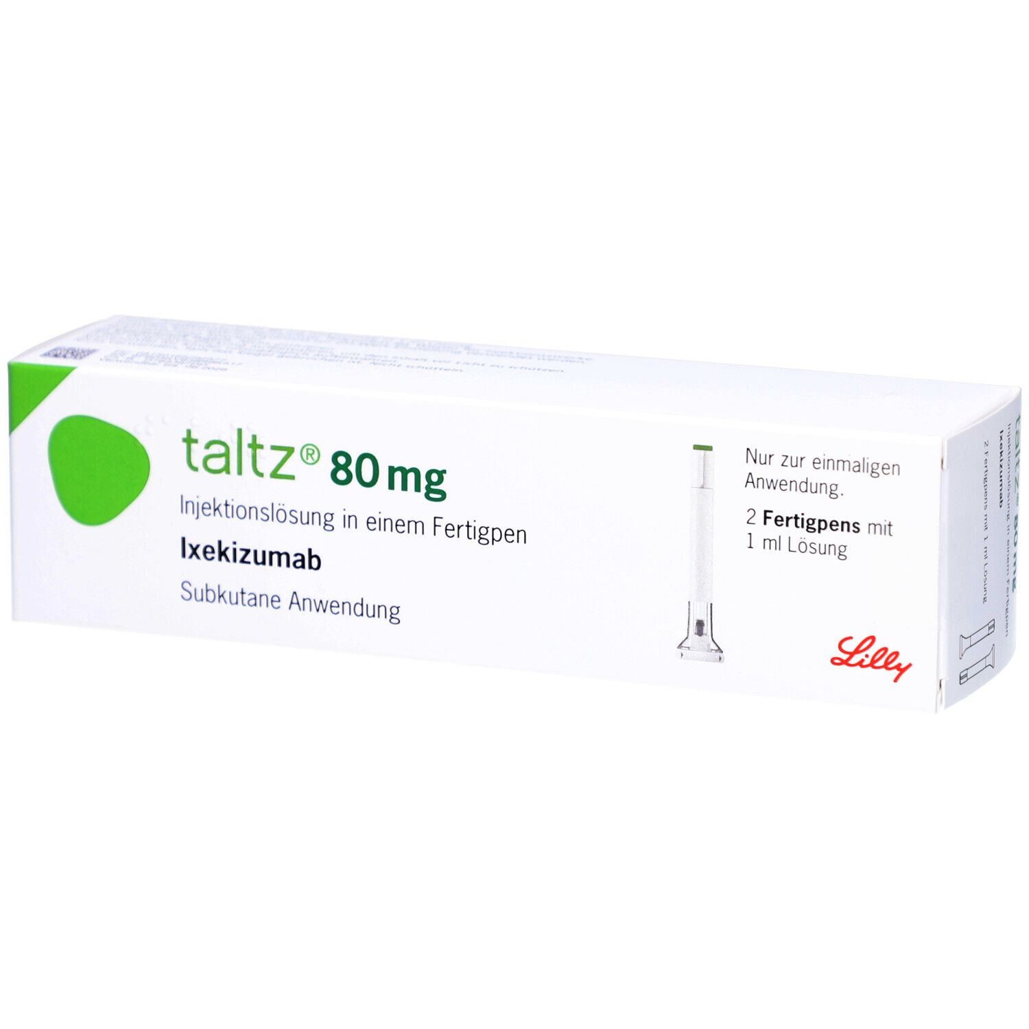 Weiße Verpackung mit grünem Logo und Schriftzug Taltz 80 mg. Enthält zwei Fertigpens. Lilly-Logo.
