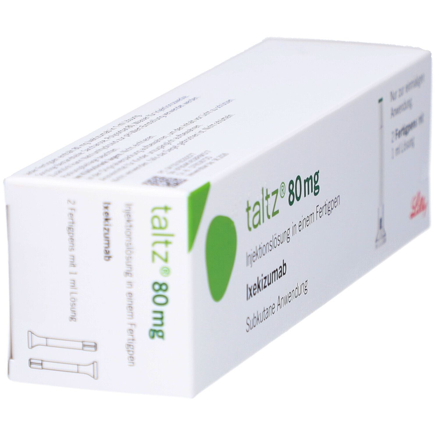 Schräg gestellte weiße Verpackung mit grünem Logo und Schriftzug Taltz 80 mg. Enthält zwei Fertigpens.