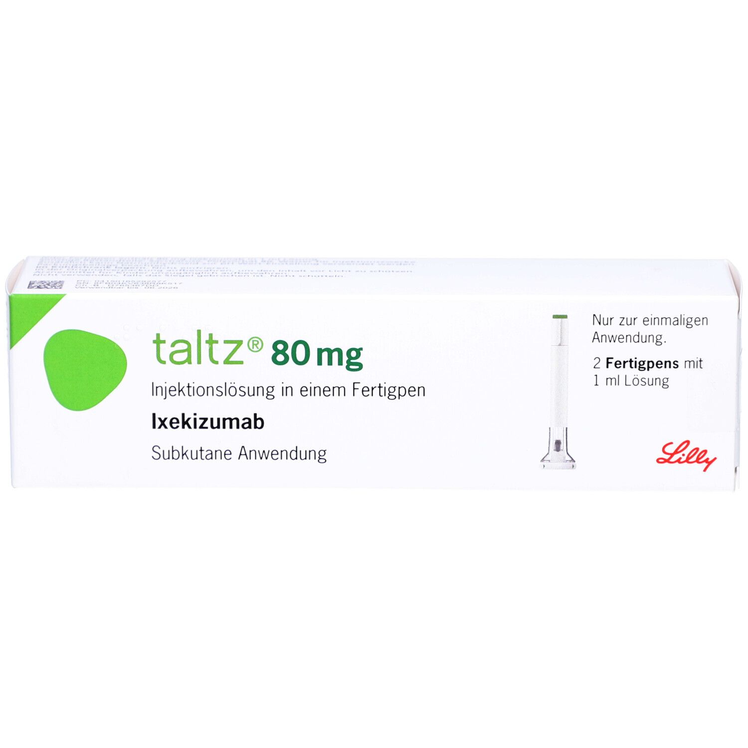 Weiße Verpackung mit grünem Logo und Schriftzug Taltz 80 mg. Enthält zwei Fertigpens. Lilly-Logo.