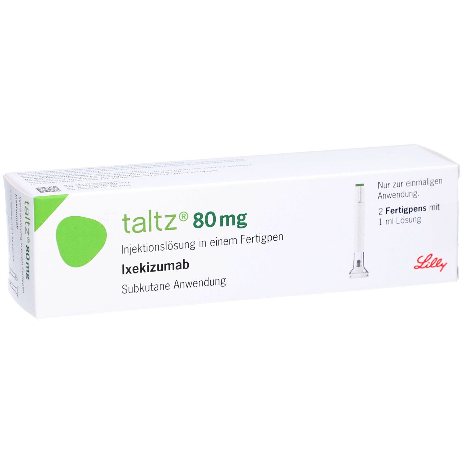 Weiße Verpackung mit grünem Logo und Schriftzug Taltz 80 mg. Enthält zwei Fertigpens. Lilly-Logo.