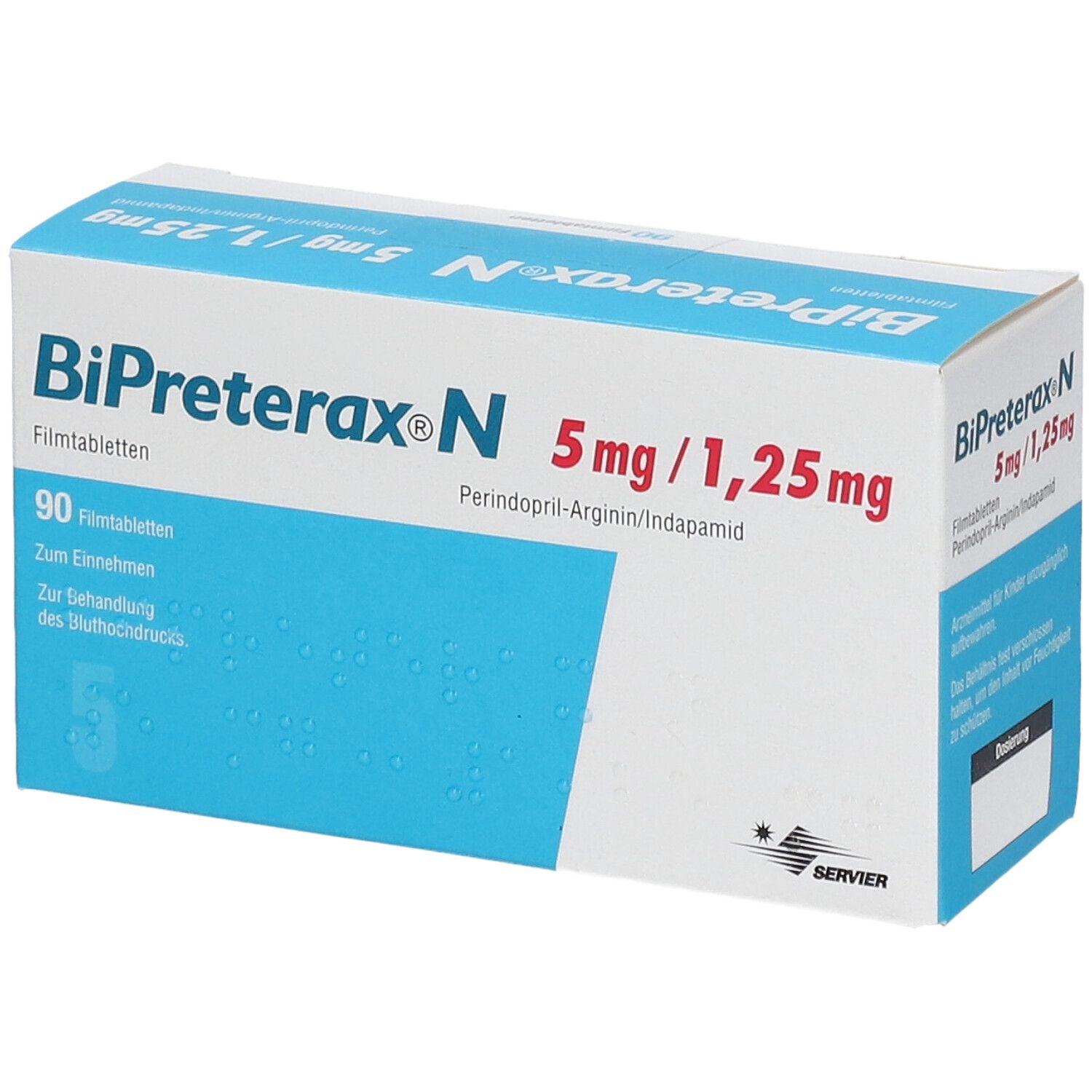 Blisterpackung Bipreterax N 5 mg/1,25 mg. Aufschrift: 90 Filmtabletten. Enthält Perindopril-Arginin/Indapamid. Verpackung in Weiß und Blau.