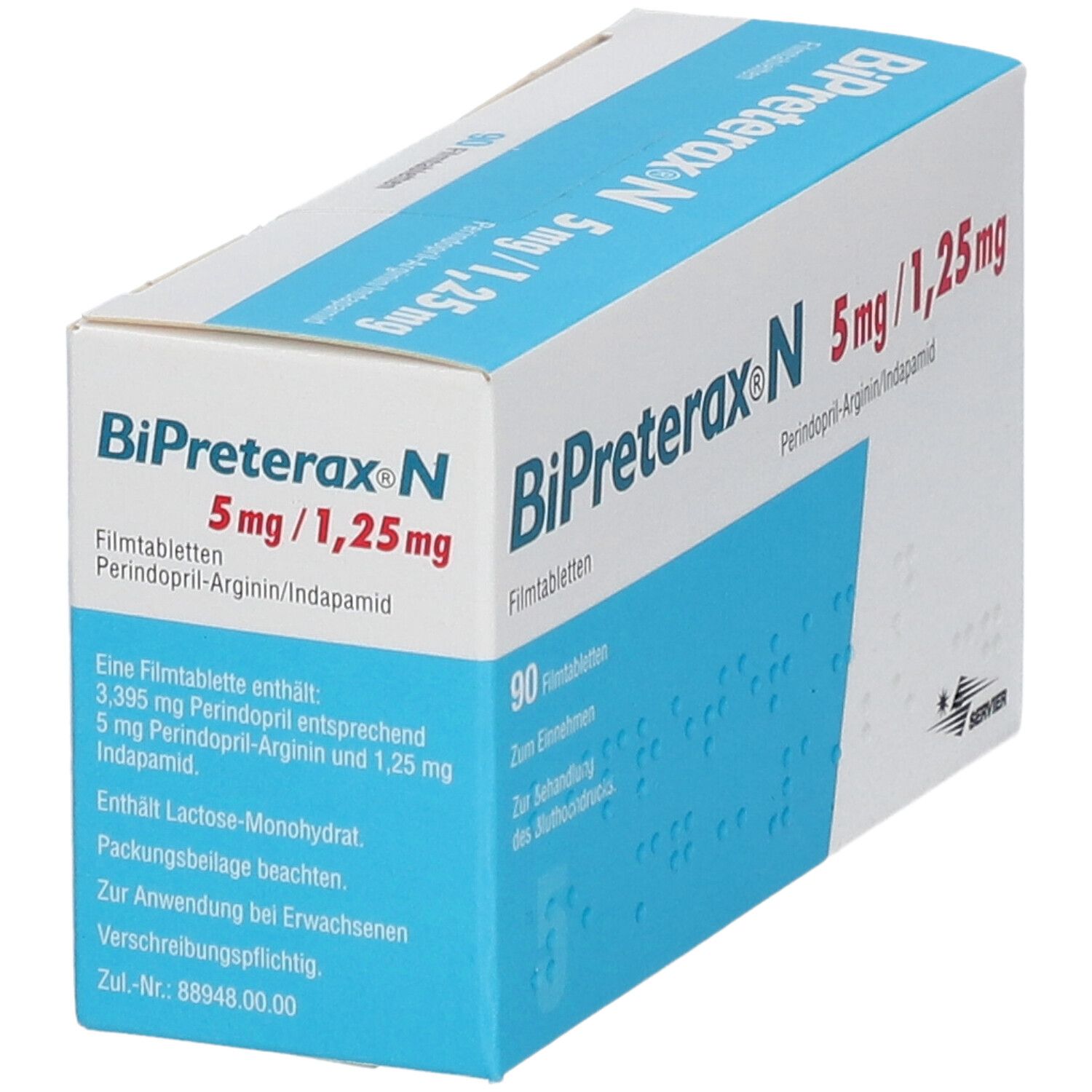 Blisterpackung Bipreterax N 5 mg/1,25 mg. Enthält 90 Filmtabletten. Enthält Perindopril-Arginin/Indapamid. Text in Deutsch. Verpackung in Weiß und Blau.