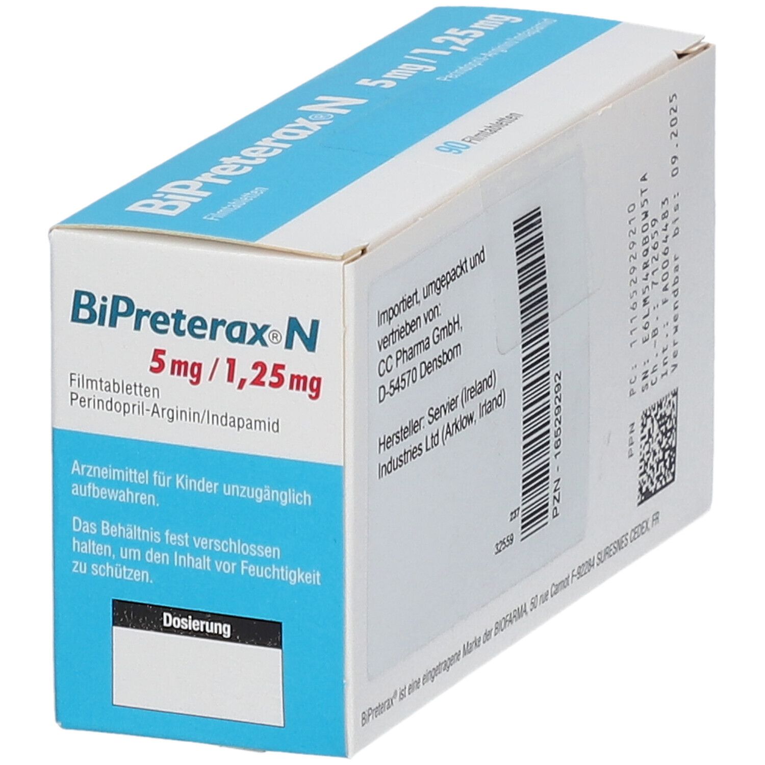 Bipreterax N 5 mg/1,25 mg Verpackung. Enthält Informationen zur Dosierung und Warnhinweise. Text in Deutsch. Verpackung in Weiß und Blau.