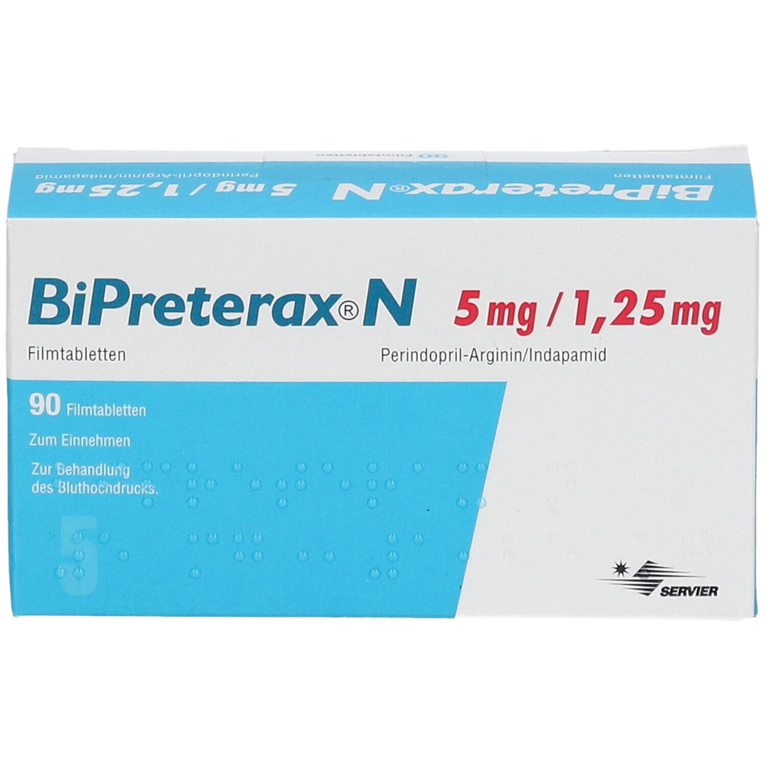 Bipreterax N 5 mg/1,25 mg Packung. Aufschrift: 90 Filmtabletten. Enthält Perindopril-Arginin/Indapamid. Verpackung in Weiß und Blau.