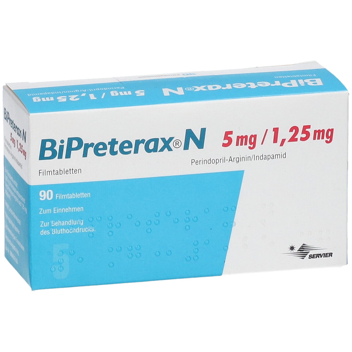 Bipreterax N 5 mg/1,25 mg Packung. Aufschrift: 90 Filmtabletten. Enthält Perindopril-Arginin/Indapamid. Verpackung in Weiß und Blau.
