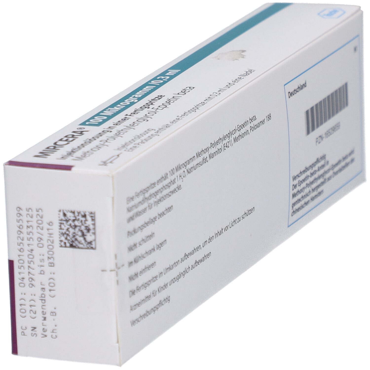Schrägansicht der MIRCERA Verpackung. Weiße Schachtel mit Text und Barcode. Hergestellt in Deutschland.