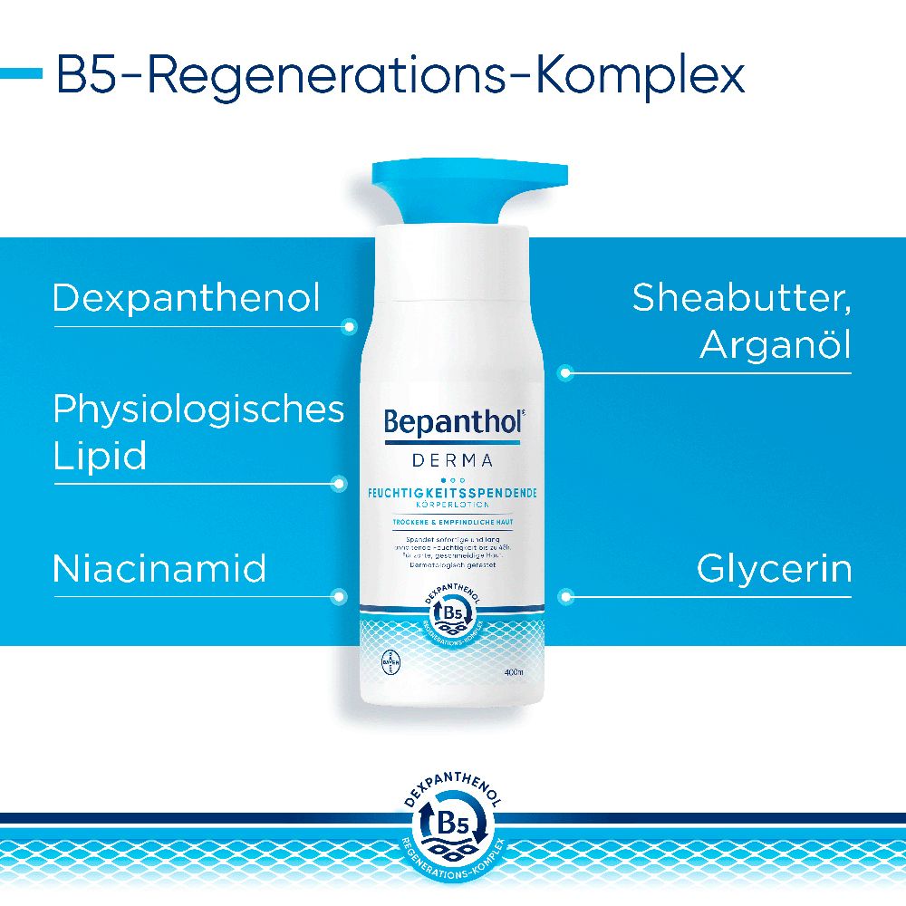 Bepanthol® DERMA Feuchtigkeitsspendende Körperlotion, Köperpflege für empfindliche und trockene Haut, dermatologisch getestete Feuchtigkeitscreme mit Dexpanthenol