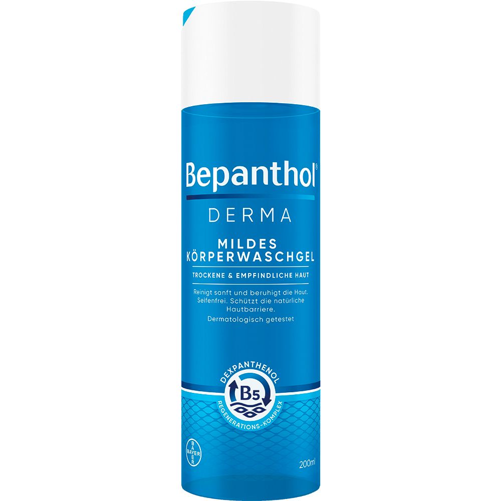 Bepanthol® DERMA Mildes Körperwaschgel, 200 ml Flasche, mildes Duschgel für empfindliche und trockene Haut, dermatologisch getesteter Feuchtigkeitsspender mit Dexpanthenol