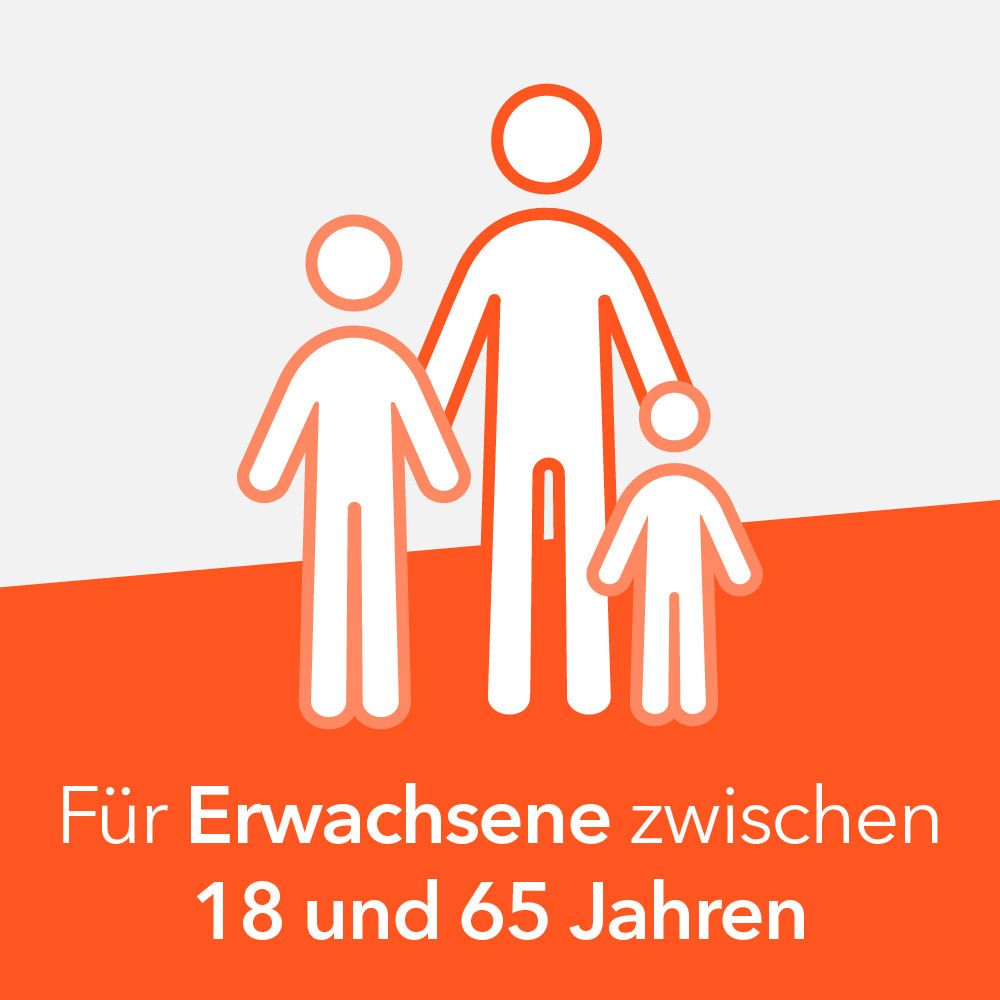 Orangefarbene Grafik mit Personen-Symbolen und Text: Für Erwachsene zwischen 18 und 65 Jahren.