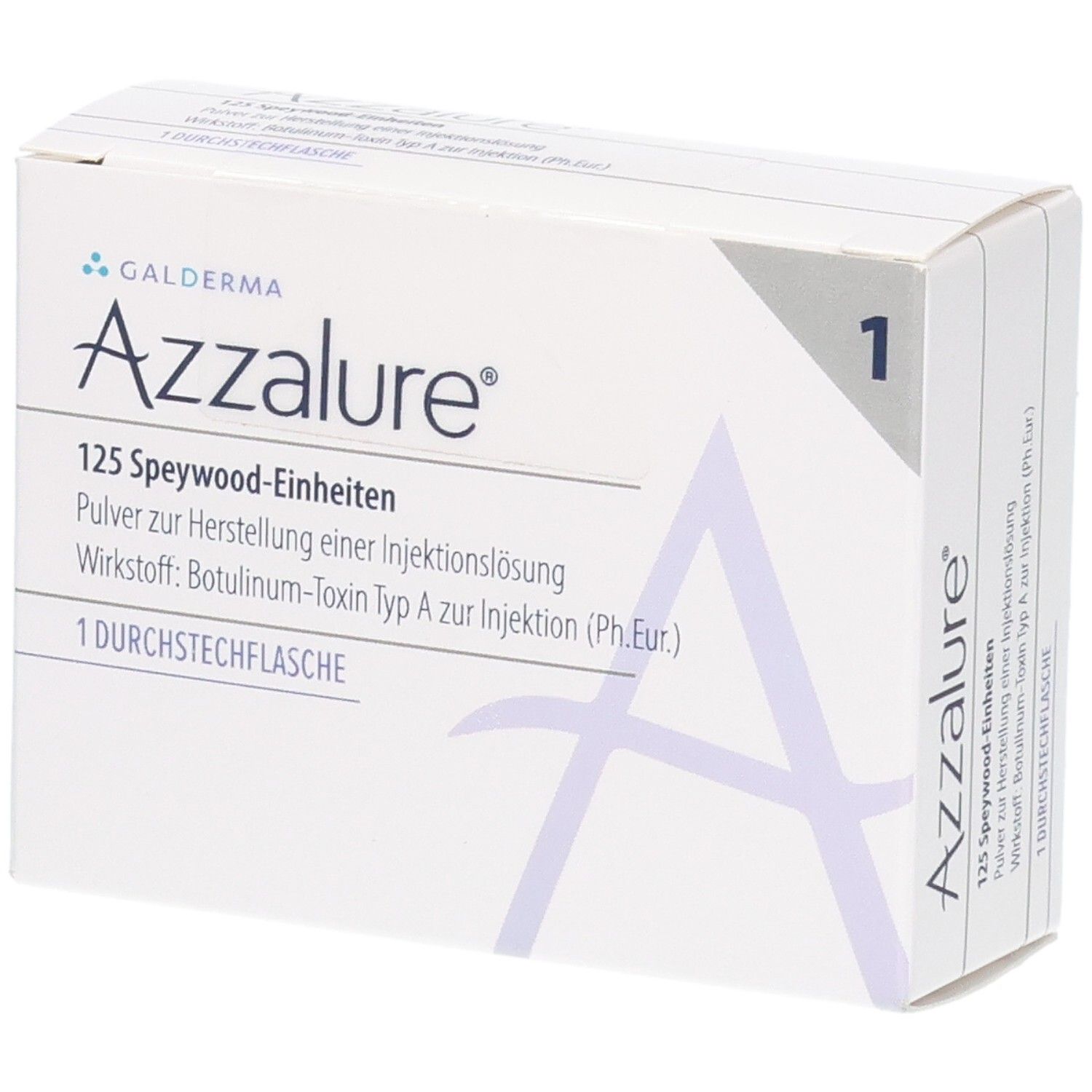 Weiße Verpackung von Azzalure. Aufschrift: Azzalure 125 Speywood-Einheiten. Galderma Logo. 1 Durchstechflasche.