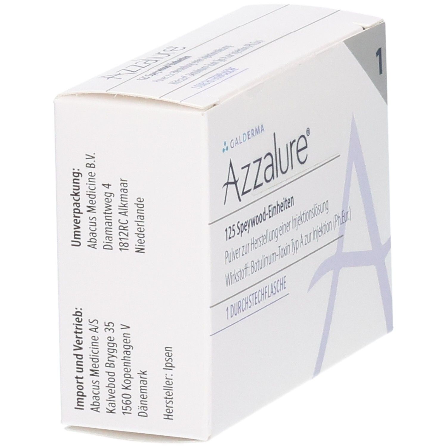 Weiße Azzalure-Verpackung. Aufschrift: Azzalure 125 Speywood-Einheiten. Galderma Logo. Importeur und Hersteller.