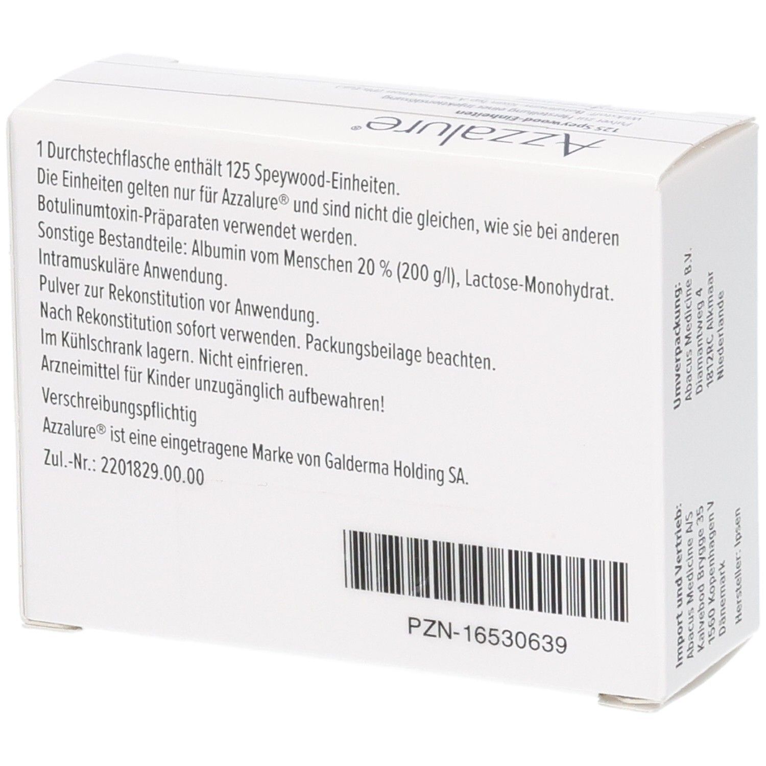 Weiße Azzalure-Verpackung. Rückseite mit Text. Barcode und PZN-Nummer. Marke Galderma.