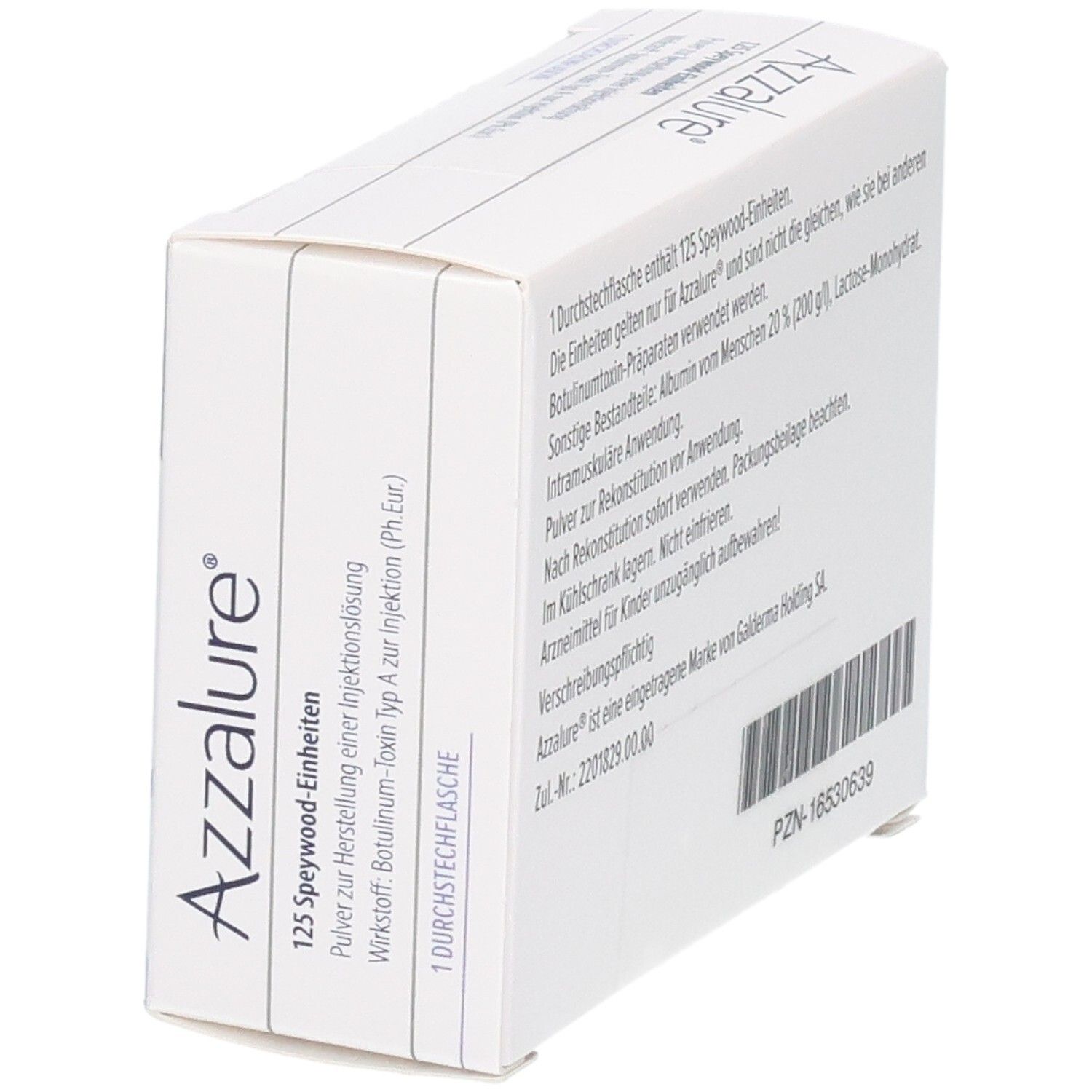 Weiße Azzalure-Verpackung. Aufschrift: Azzalure 125 Speywood-Einheiten. Galderma Logo. 1 Durchstechflasche.