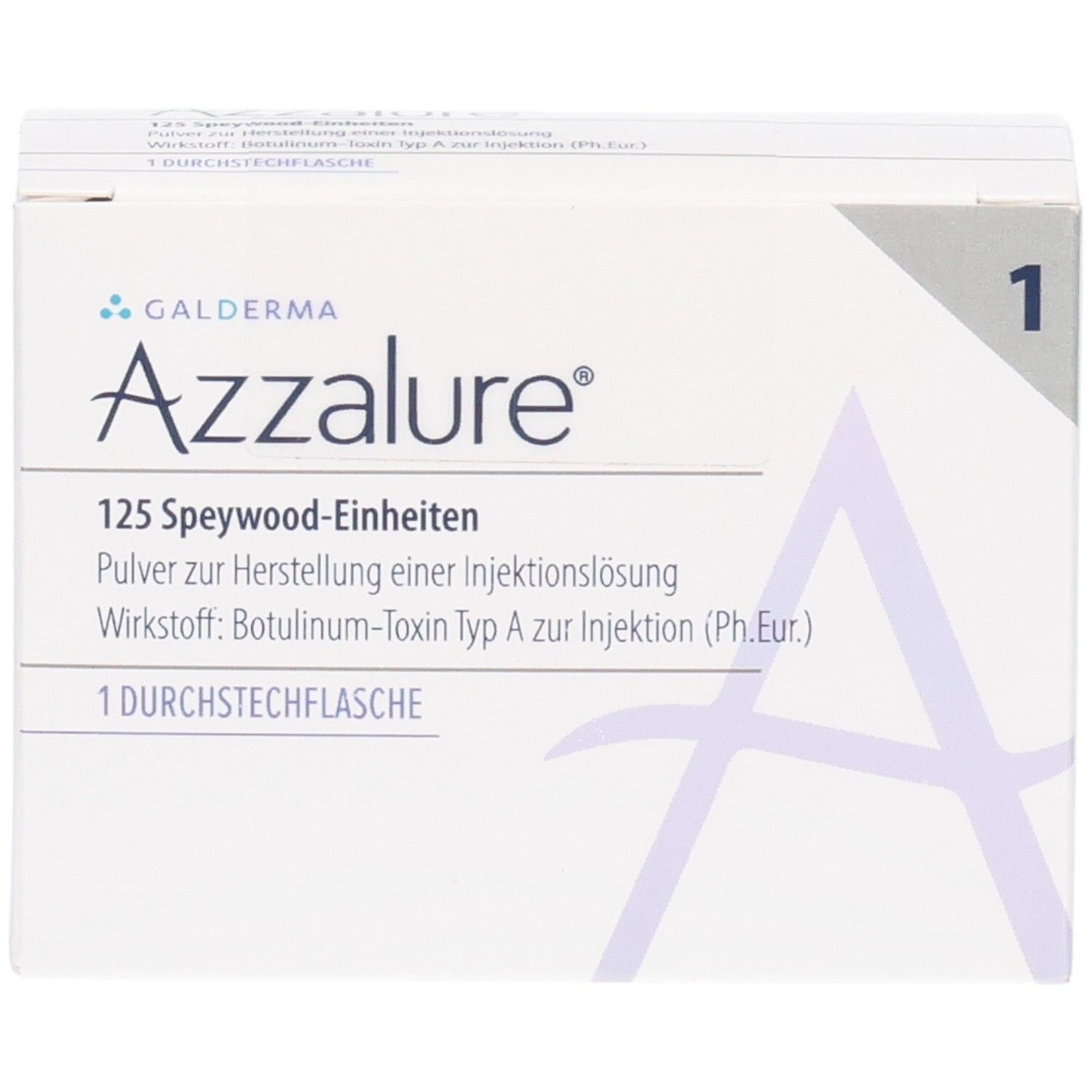 Weiße Verpackung von Azzalure. Aufschrift: Azzalure 125 Speywood-Einheiten. Galderma Logo. 1 Durchstechflasche.