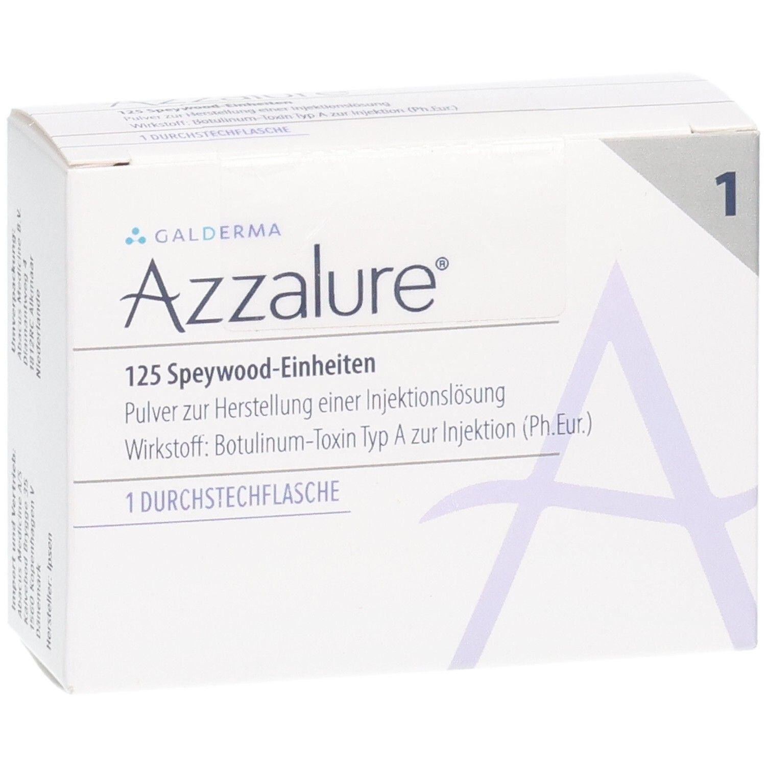 Weiße Verpackung von Azzalure. Aufschrift: Azzalure 125 Speywood-Einheiten. Galderma Logo. 1 Durchstechflasche.