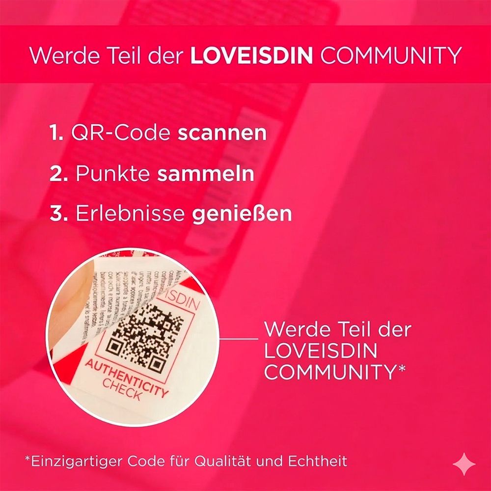 QR-Code und Text: Werde Teil der LOVEISDIN COMMUNITY. Authentizitäts-Check.