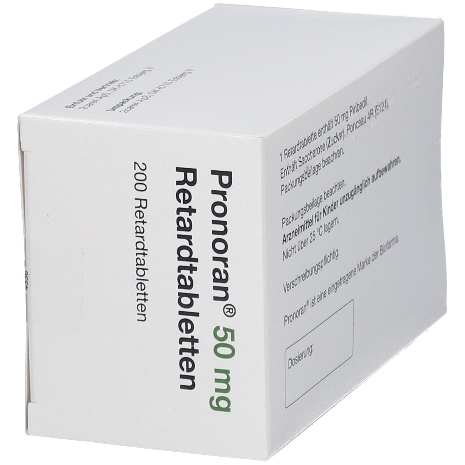 Rückseite der weißen Schachtel. Aufschrift: Pronoran 50 mg Retardtabletten, 200 Retardtabletten. Text und Dosierung.